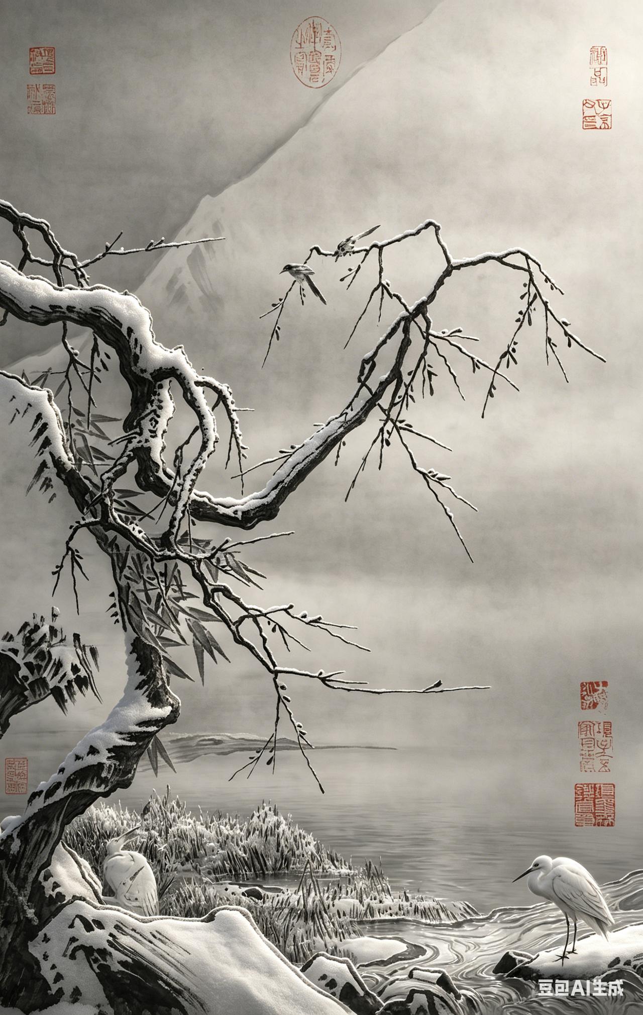 宋 马远《雪滩双鹭图》（AI复原）