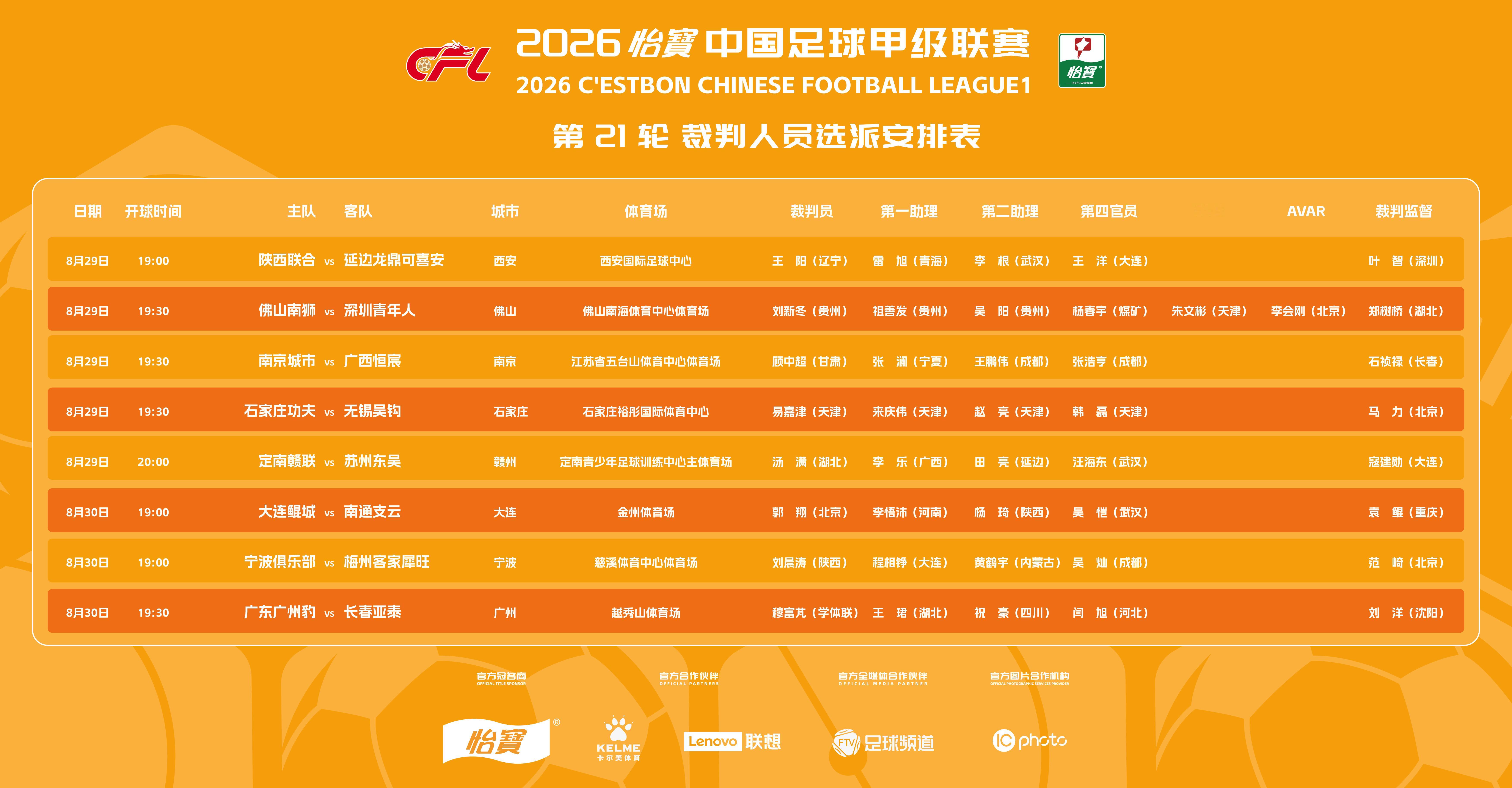 2026怡宝中甲联赛第21轮裁判选派结果公布，具体安排如下：一起登场 中甲联赛 