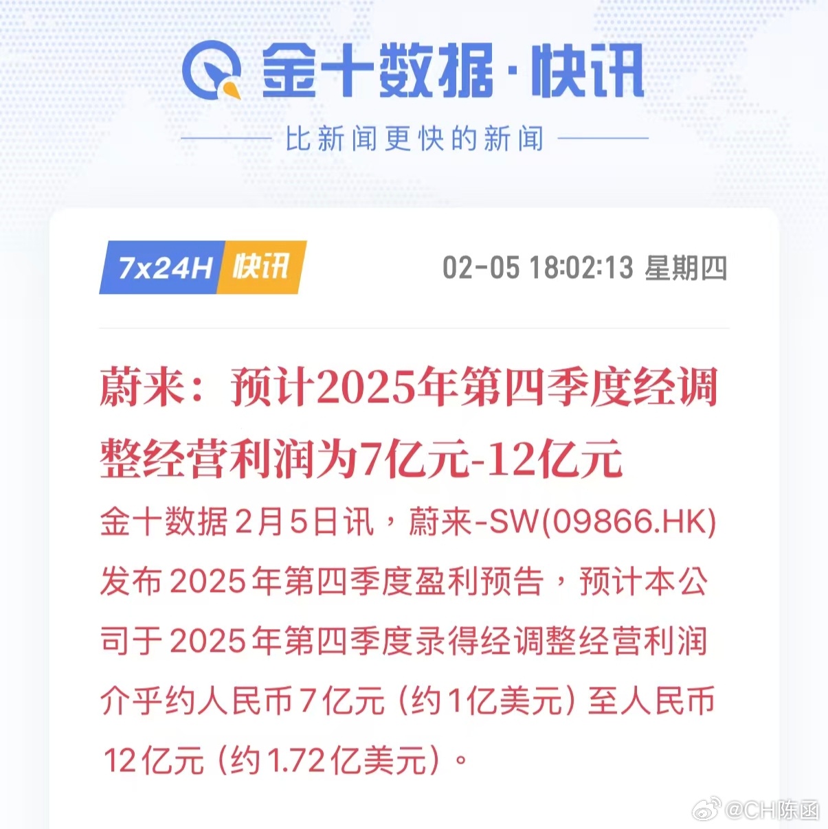 前方传喜讯！蔚来，2025年第4季度，盈利了！ 