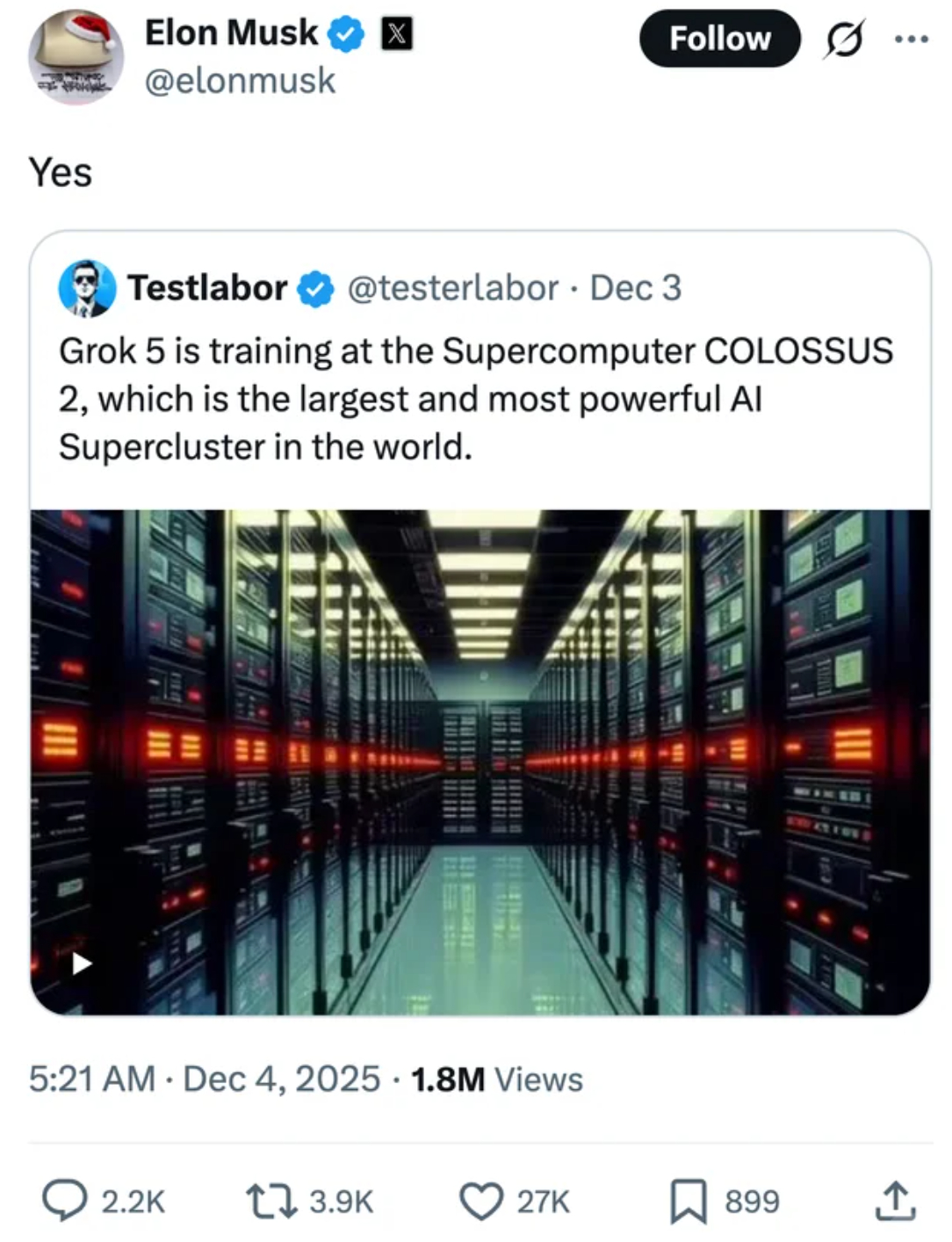 马斯克刚刚确认，Grok 5正在COLOSSUS 2上训练，这是目前地球上最大最