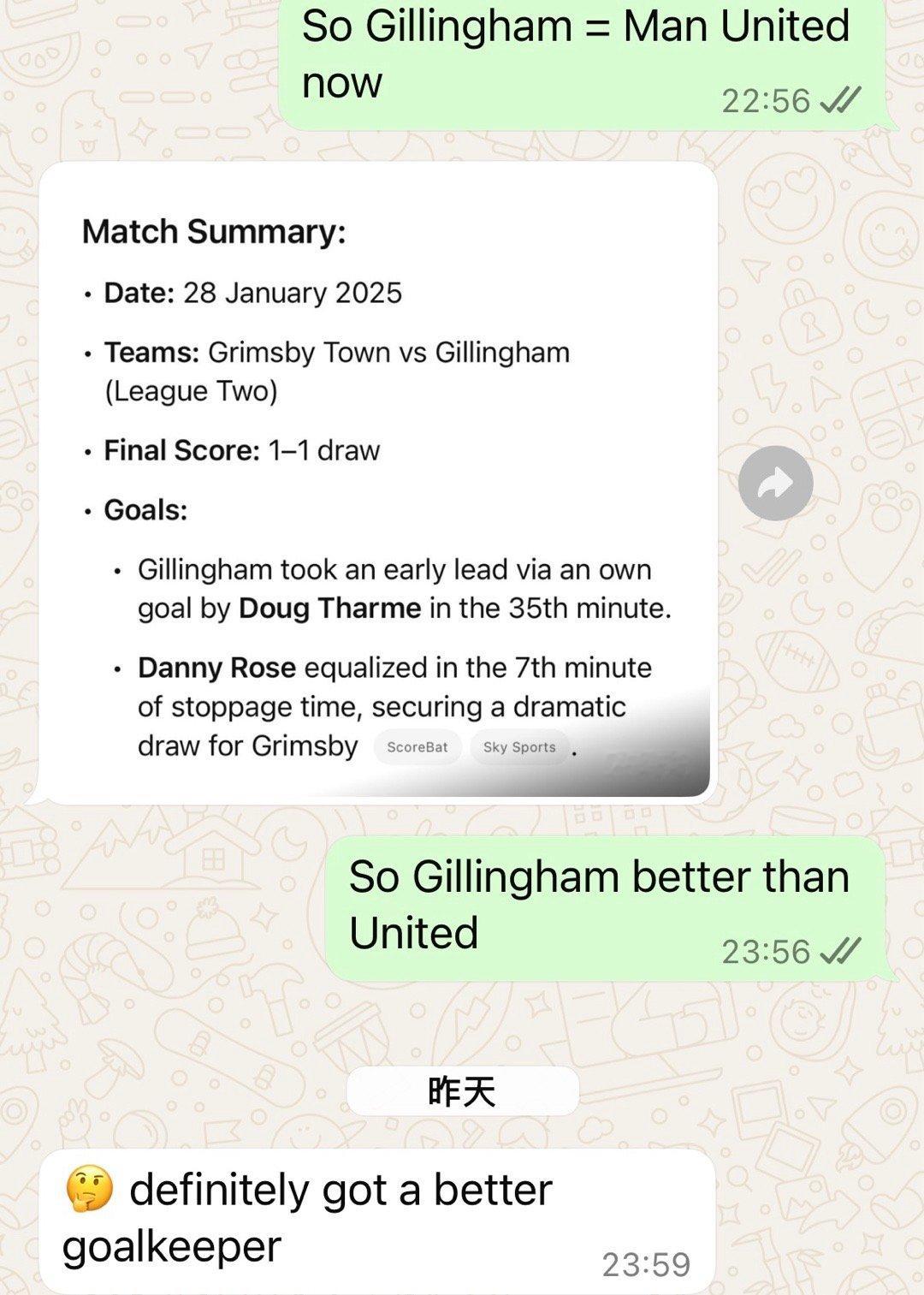 接上文：我说这是说曼联和吉林厄姆一样的意思吗，然后这位英乙球迷朋友表示吉林厄姆和