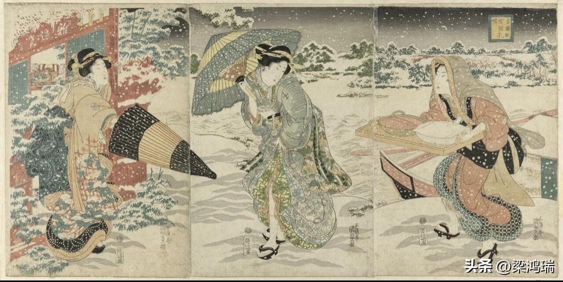 这幅极具趣味性的三联画，是日本江户时代浮世绘大师歌川国贞（歌川豊国三世，1786
