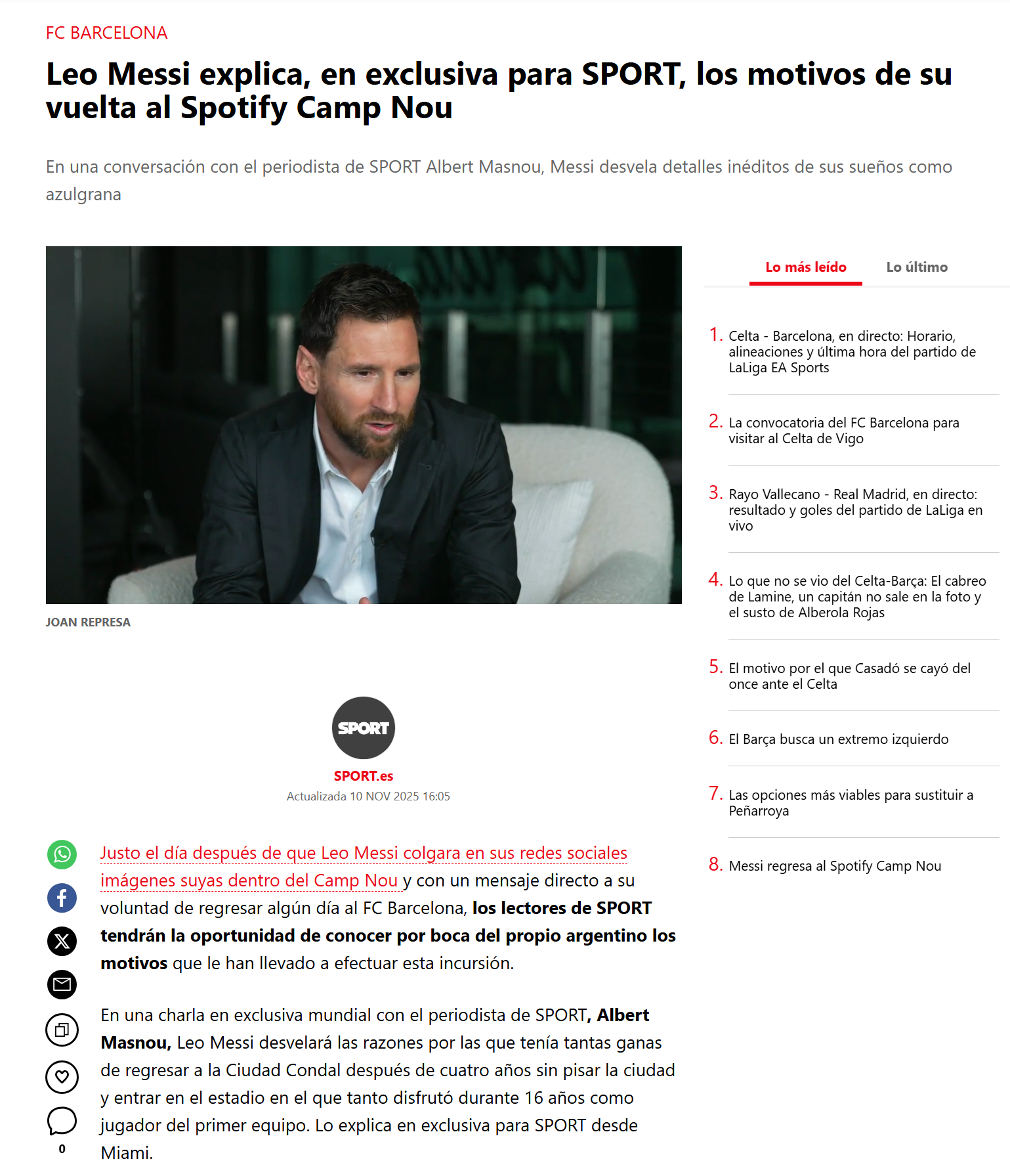 梅西接受《每日体育报》记者阿尔伯特·马斯诺专访，每体表示球迷们将有机会从这次专访