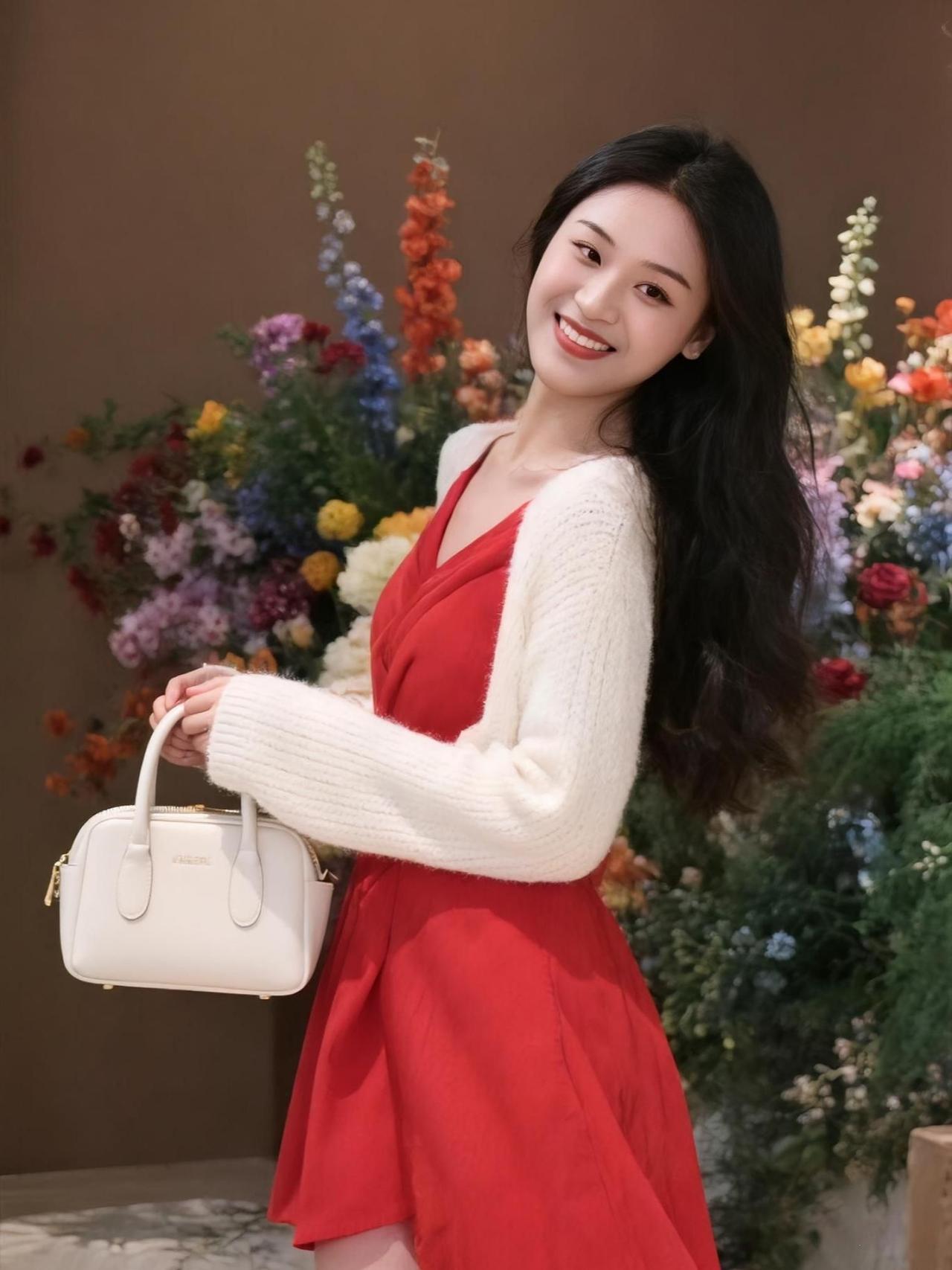 绯裙曳曳裹风轻，
白衫柔绒衬靥明。
腕底香包凝雪色，
笑涡裁入万花中。