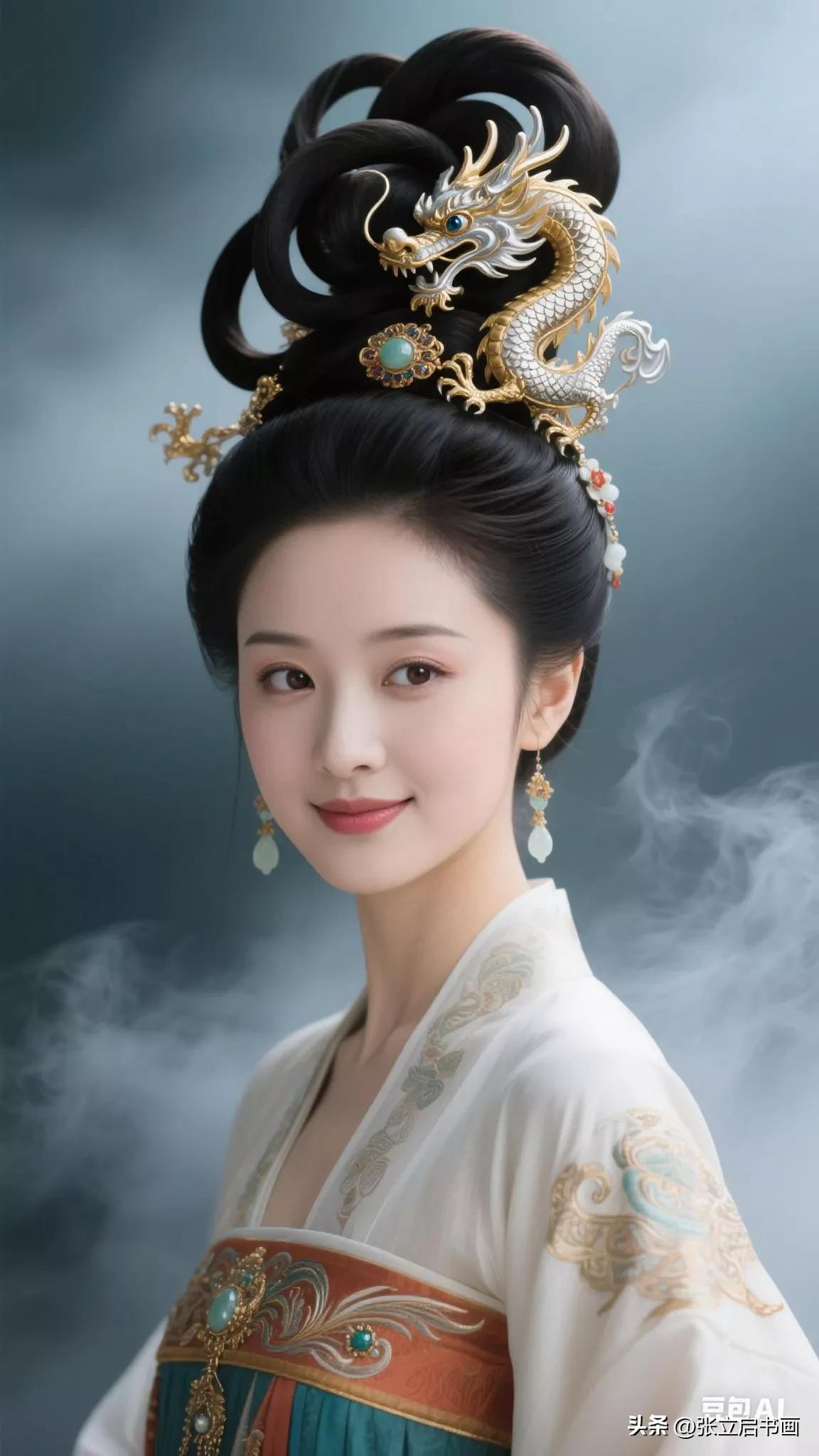 穿越时空的古典美人，龙凤呈祥的华丽头饰，尽显东方韵味。张立启原创书画AI作品古仕