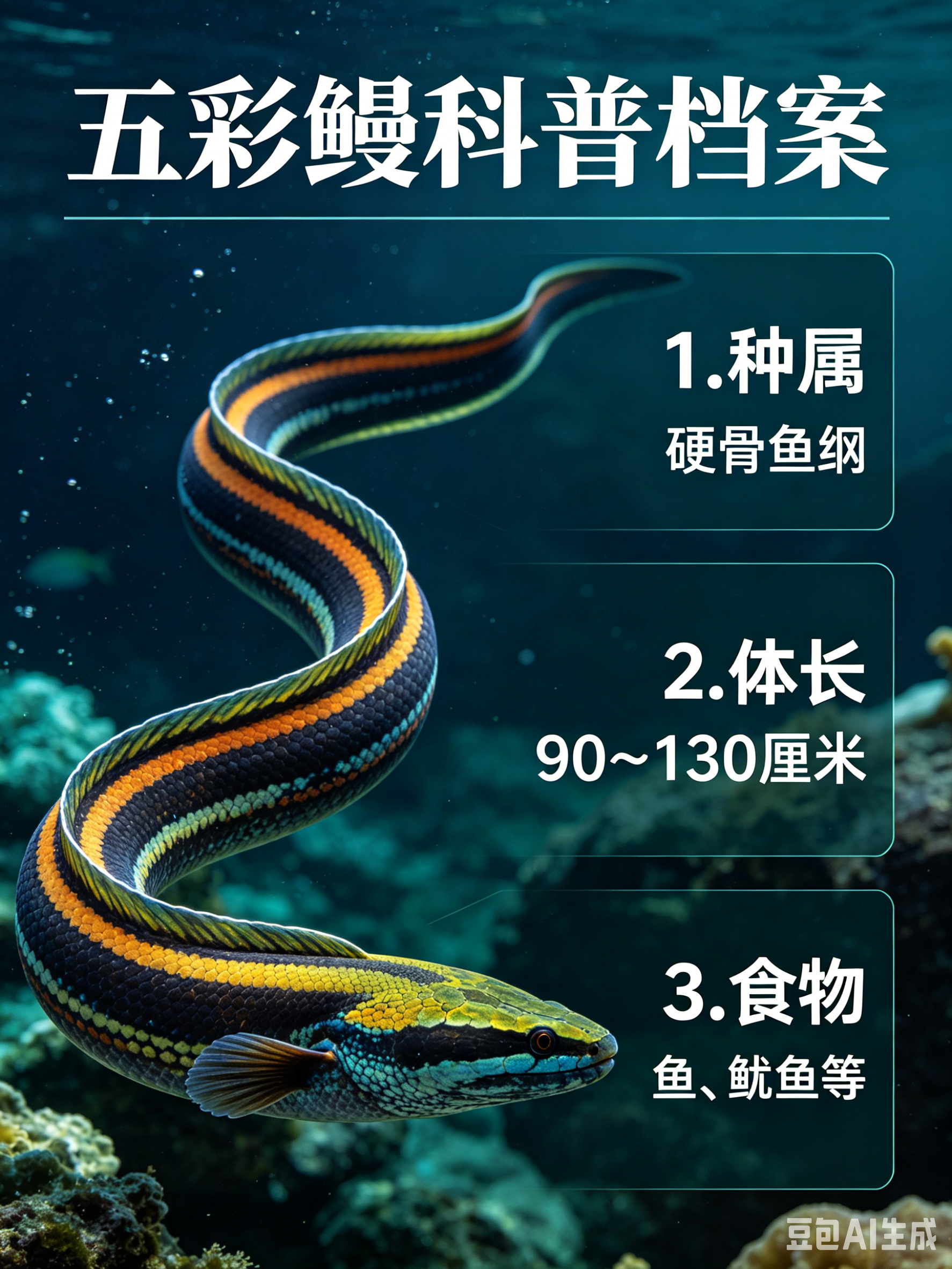 海洋朋友圈 五彩鳗海洋档案种　属：硬骨鱼纲体　长：90～130厘米食　物：鱼、鱿
