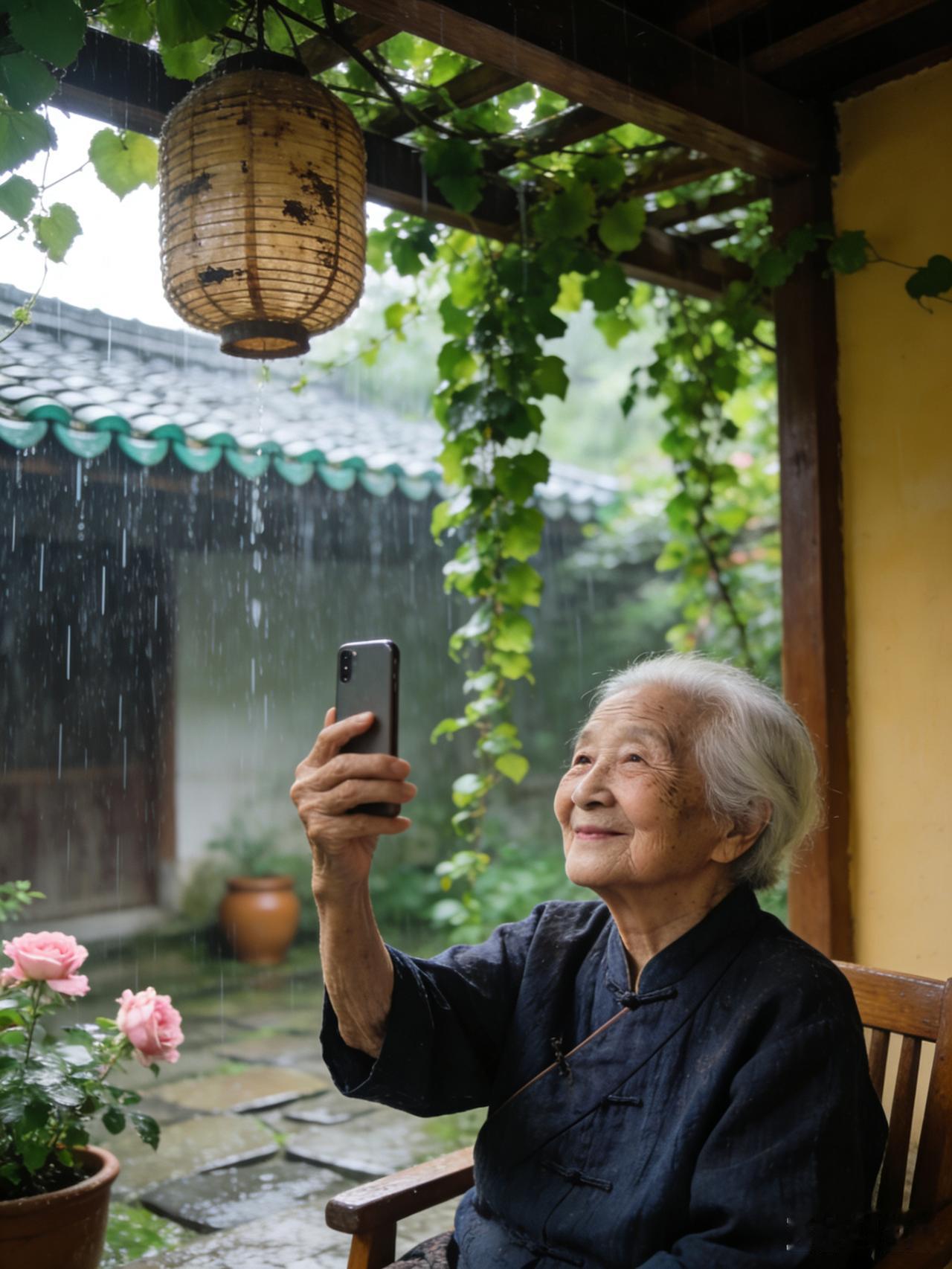 母亲｜90多岁的她，总把小院的雨，滴进远方我的心里

接视频。她坐在廊下，雨从屋