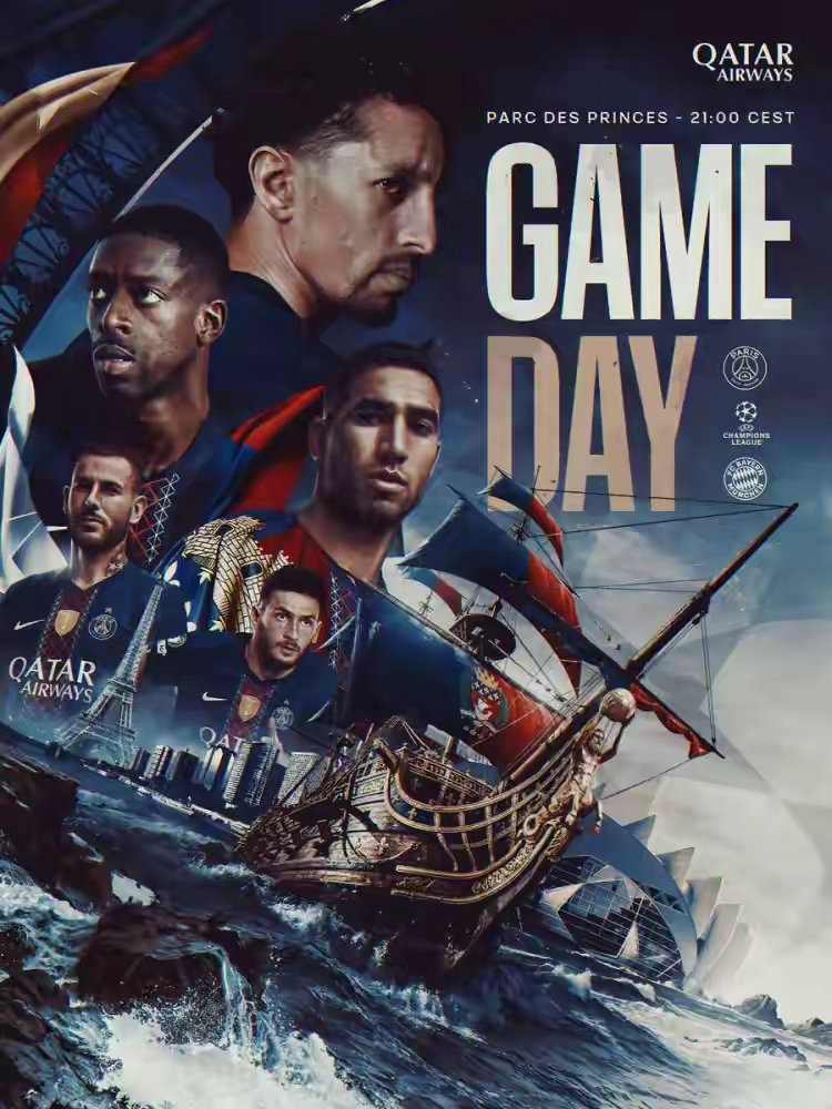 巴黎发布对阵拜仁首回合海报：登贝莱、阿什拉夫、K77出镜欧冠巴黎圣日耳曼 4月2