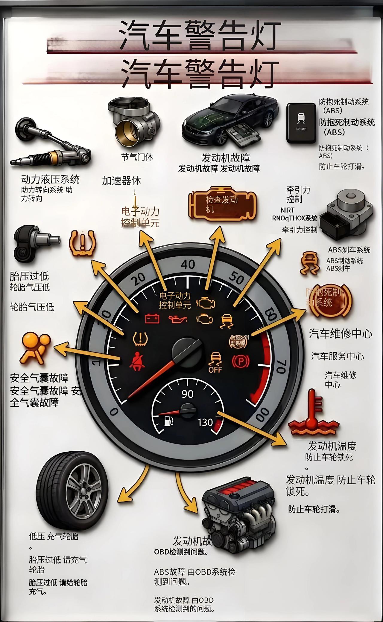 发动机故障灯亮了？ABS警示灯亮起？胎压报警或是安全气囊指示灯亮起？很多人还继续