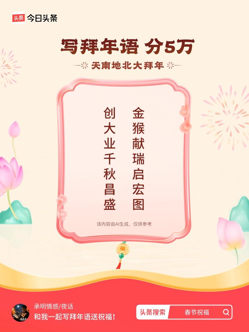 写拜年语送祝福新春拜年送祝福！我的祝福是：“创大业千秋昌盛，金猴献瑞启宏图”！快