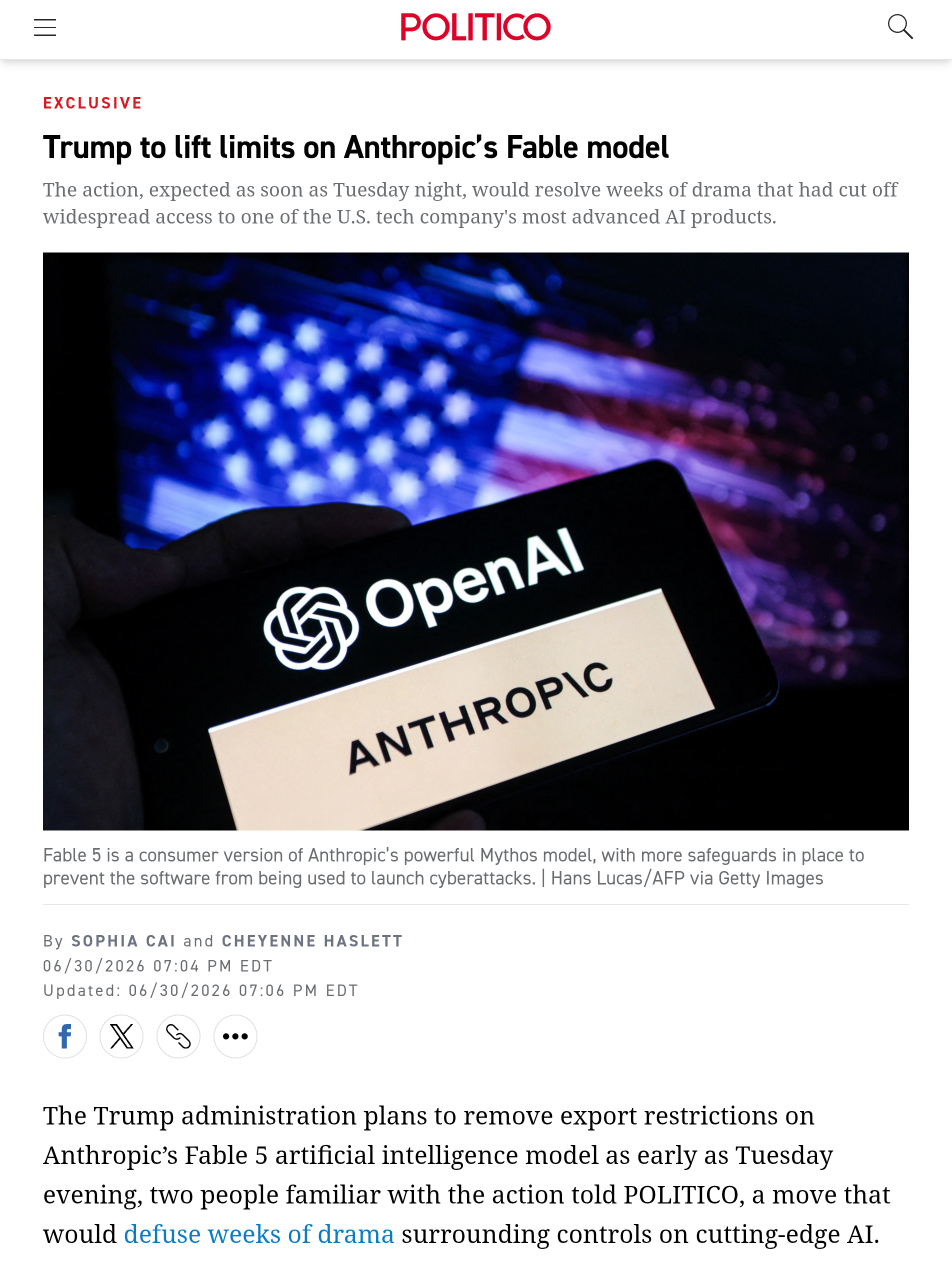 Politico援引两名知情人士向透露，特朗普政府计划最早于周二晚间解除对Ant
