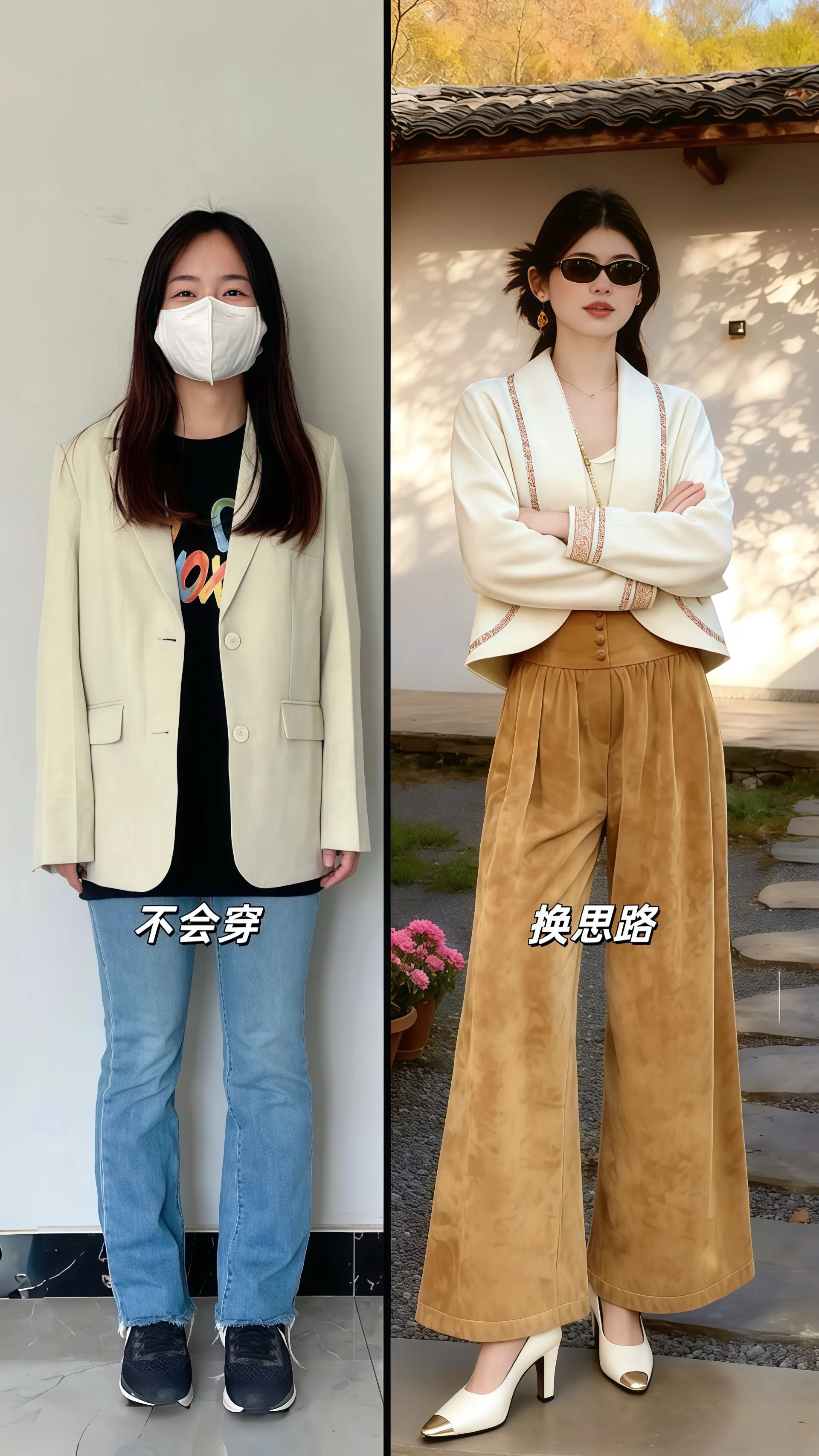 她穿着国风新中式提花两件套，墨绿提花暗纹在日光下晕开细腻光泽，盘扣斜襟...