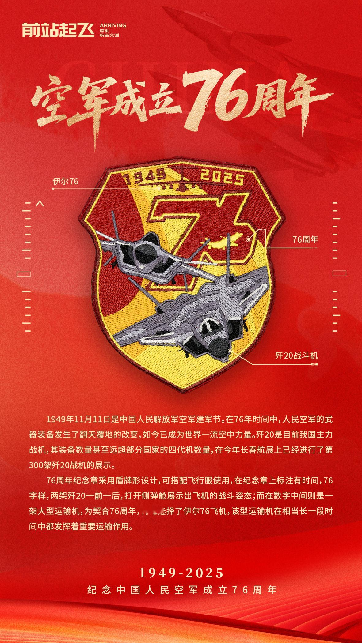 一枚藏了3架歼20和1架伊尔76的空军成立76周年臂章 