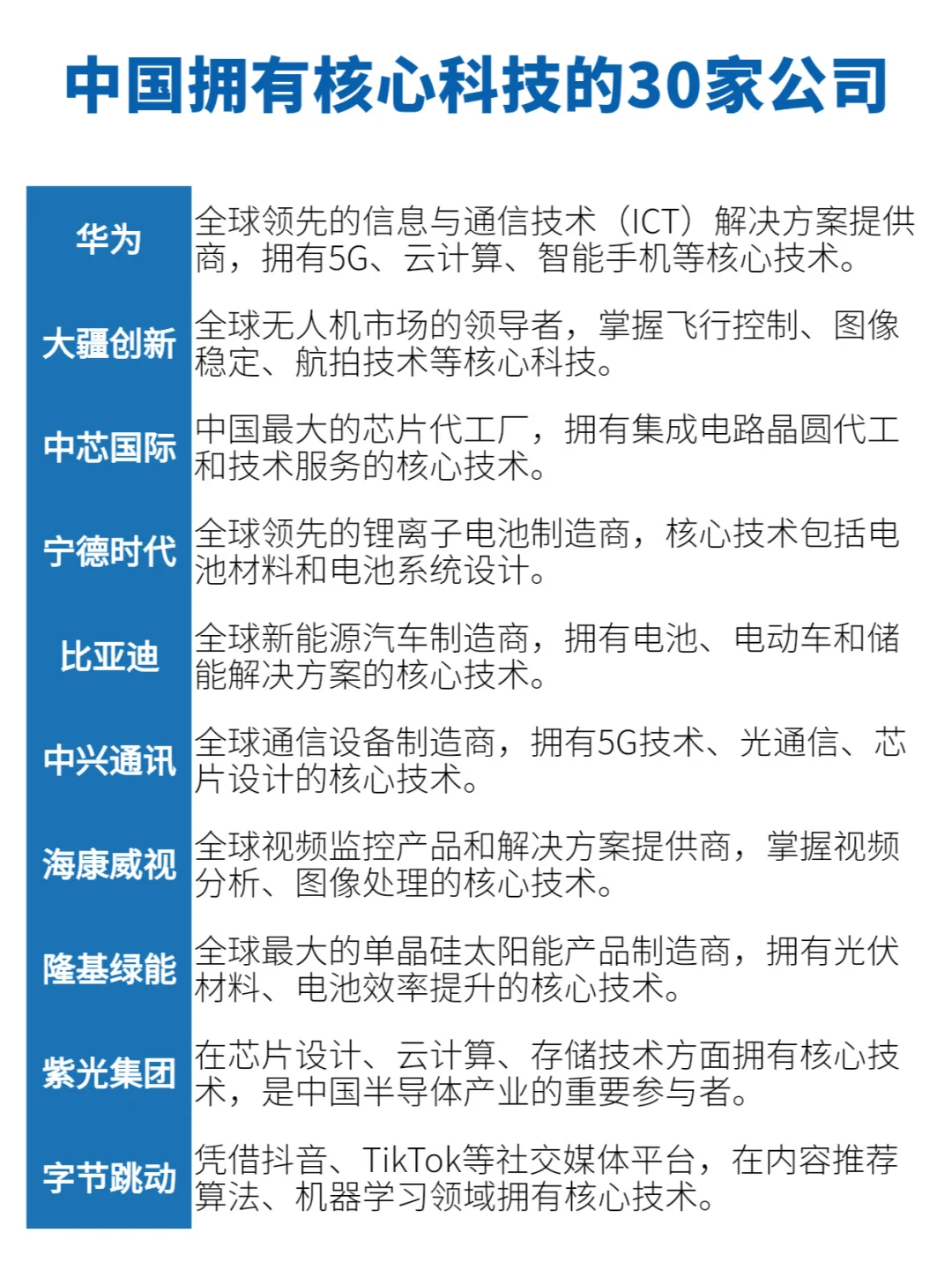 中国拥有核心科技的30家公司