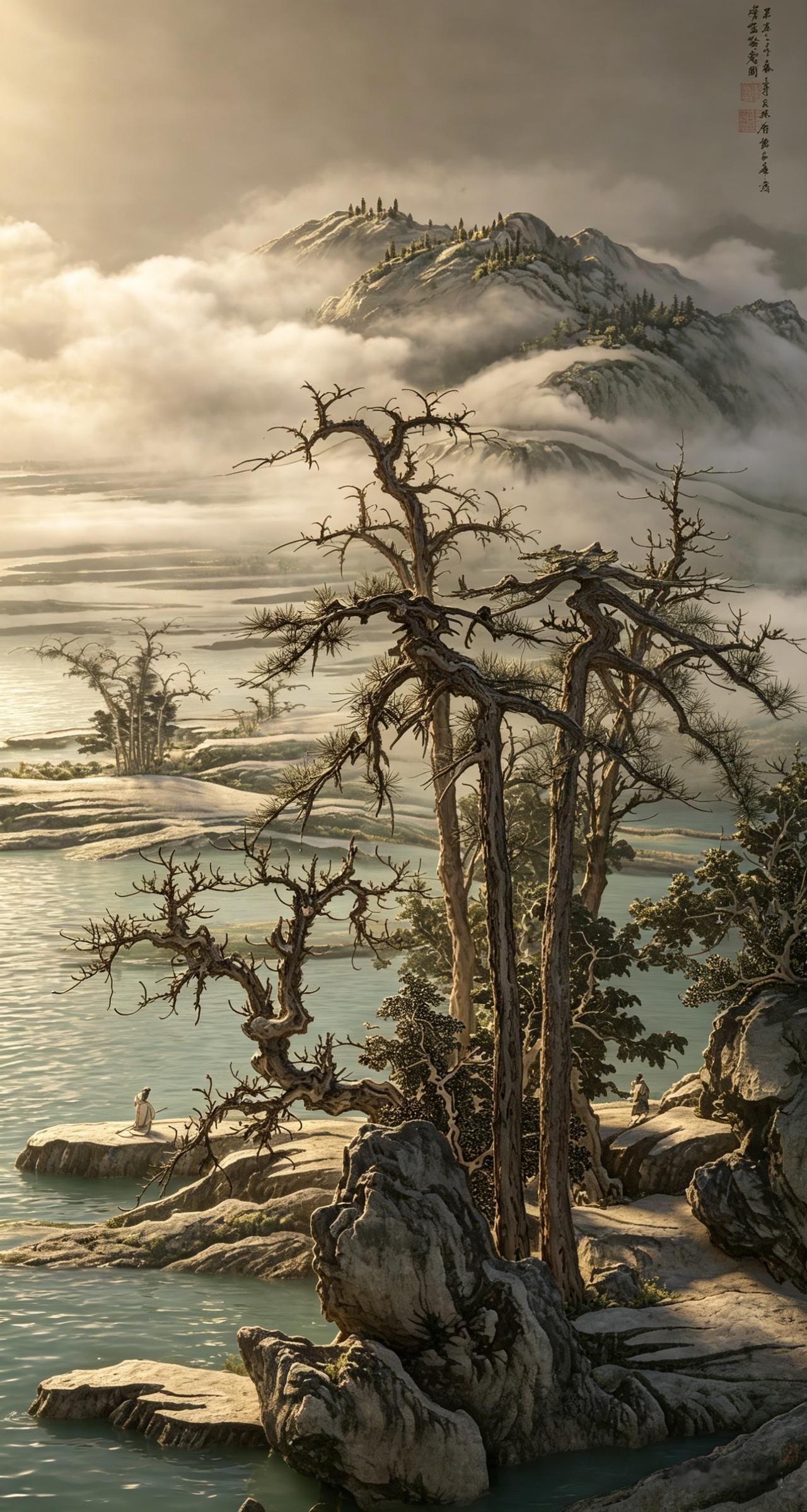 元 唐棣《摩诘诗意图轴》复原：

远山雾蒙蒙，近树光秃秃，画面中心的大哥往石头上