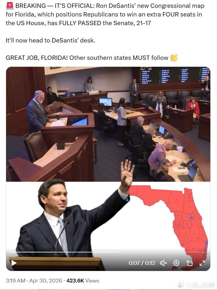德桑蒂斯为佛罗里达州制定的新国会选区地图，已在州参议院以21票对17票正式通过，