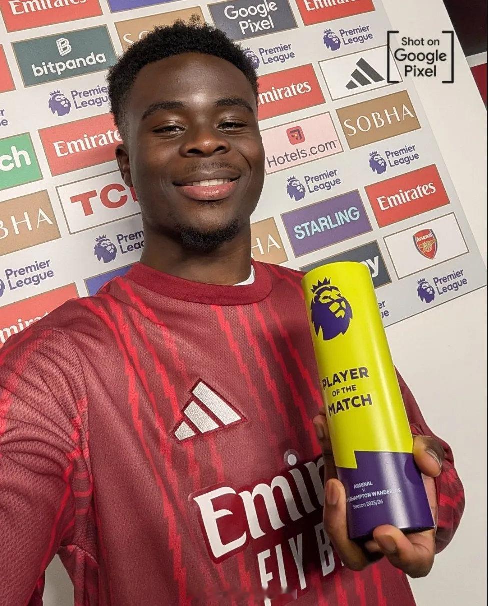 官方：萨卡被阿森纳票选为了全场比赛最佳球员。官方评选的最佳也是萨卡！本场比赛萨卡