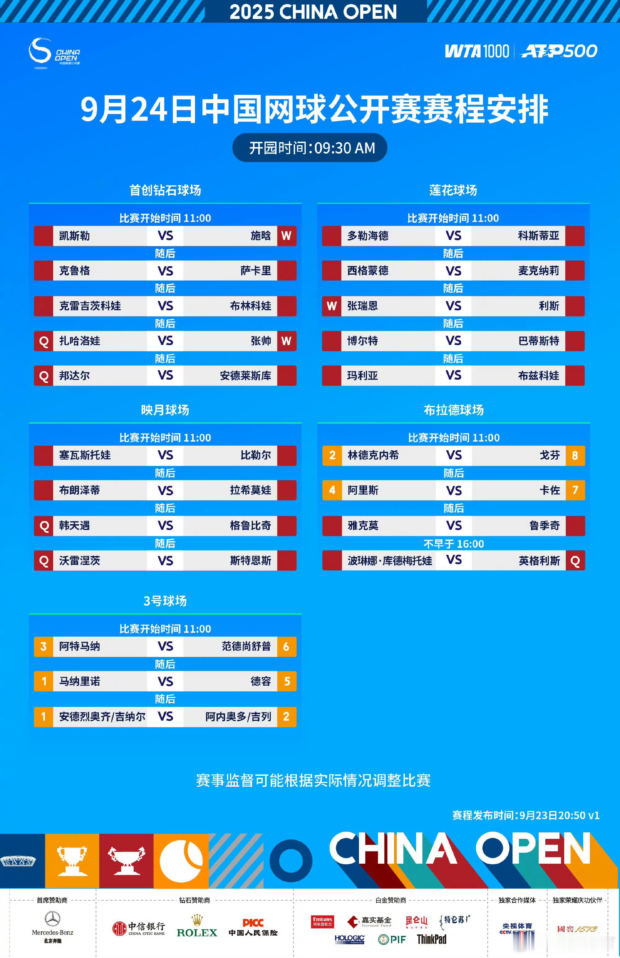 中网首日赛程2025中网首日赛程出炉，比赛将于上午11:00开始。中国金花张帅将