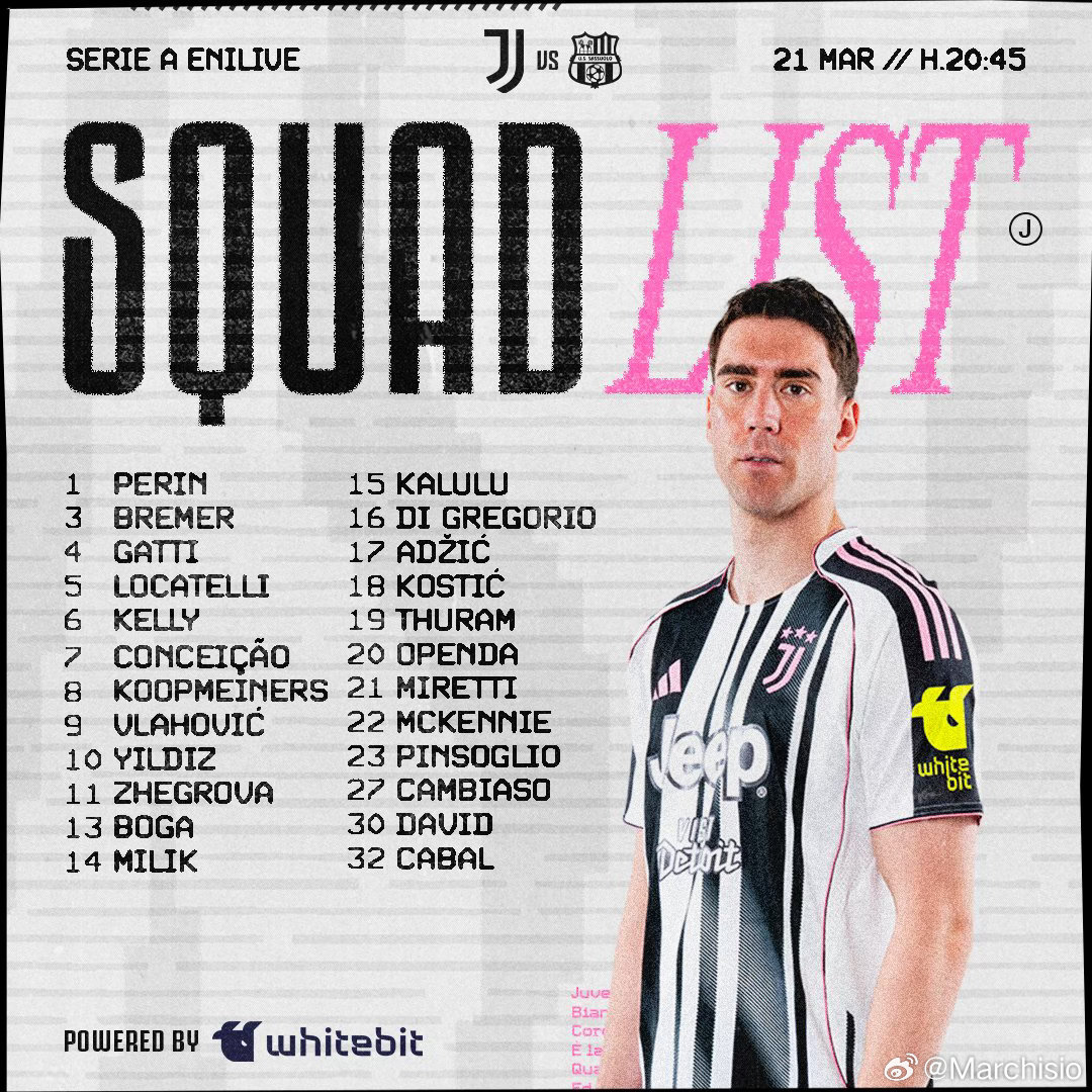 全员文！弗拉霍维奇王者归来！霍尔姆因伤缺阵。尤文图斯意甲联赛尤文图斯vs萨索洛