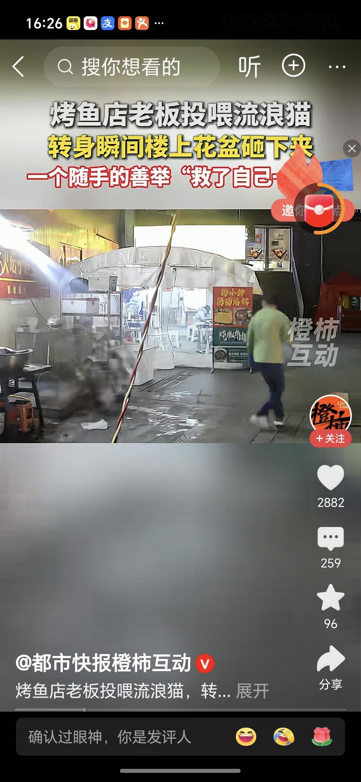 老板喂流浪猫躲过高空坠花盆善有善报！近日贵州贵阳一烤鱼店老板在店门口杀鱼处理鱼内