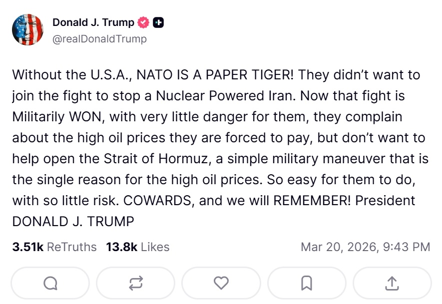 特朗普发文：没有美国，北约就是纸老虎！他们当初不愿参与阻止伊朗发展核武器的战争。