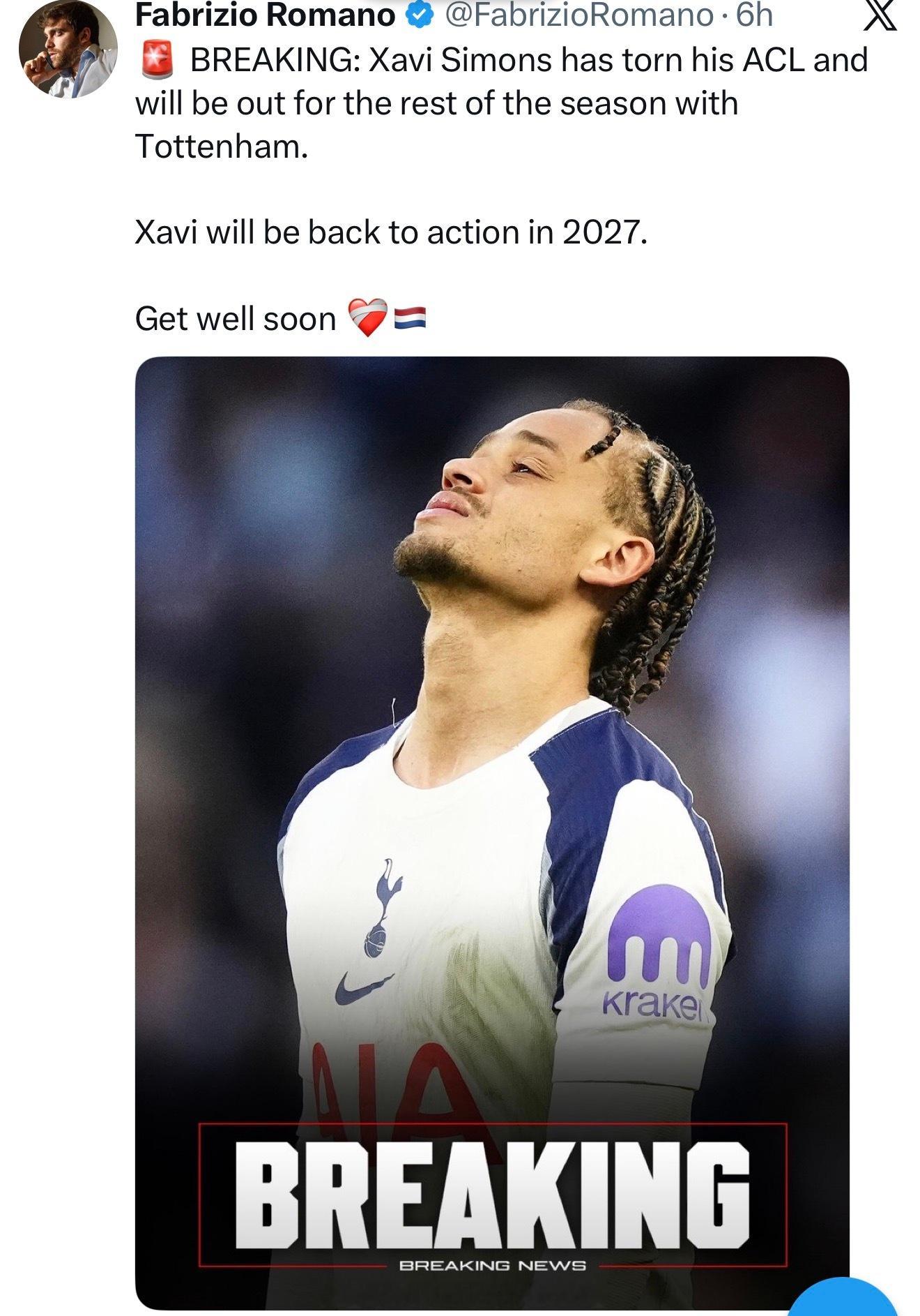 哈维西蒙斯ACL撕裂，哇哦，赛季报销，热刺咋整