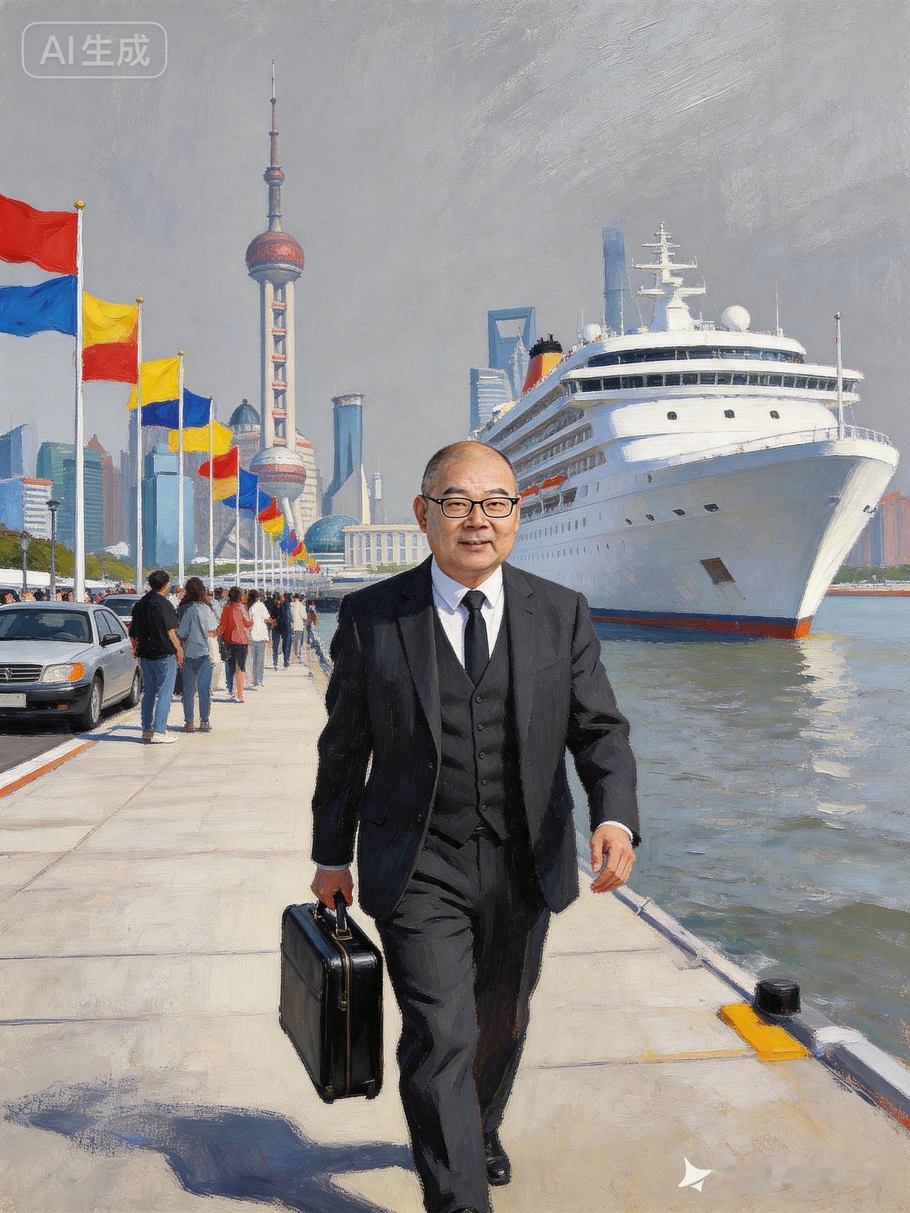 上海滩的商务精英，手提公文包，背景是东方明珠和游轮，尽显都市风采！