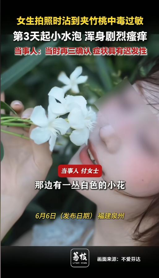 “最好碰也别碰？”6月6日报道，福建泉州，一女子出去玩，发现夹竹桃开的很美，便用