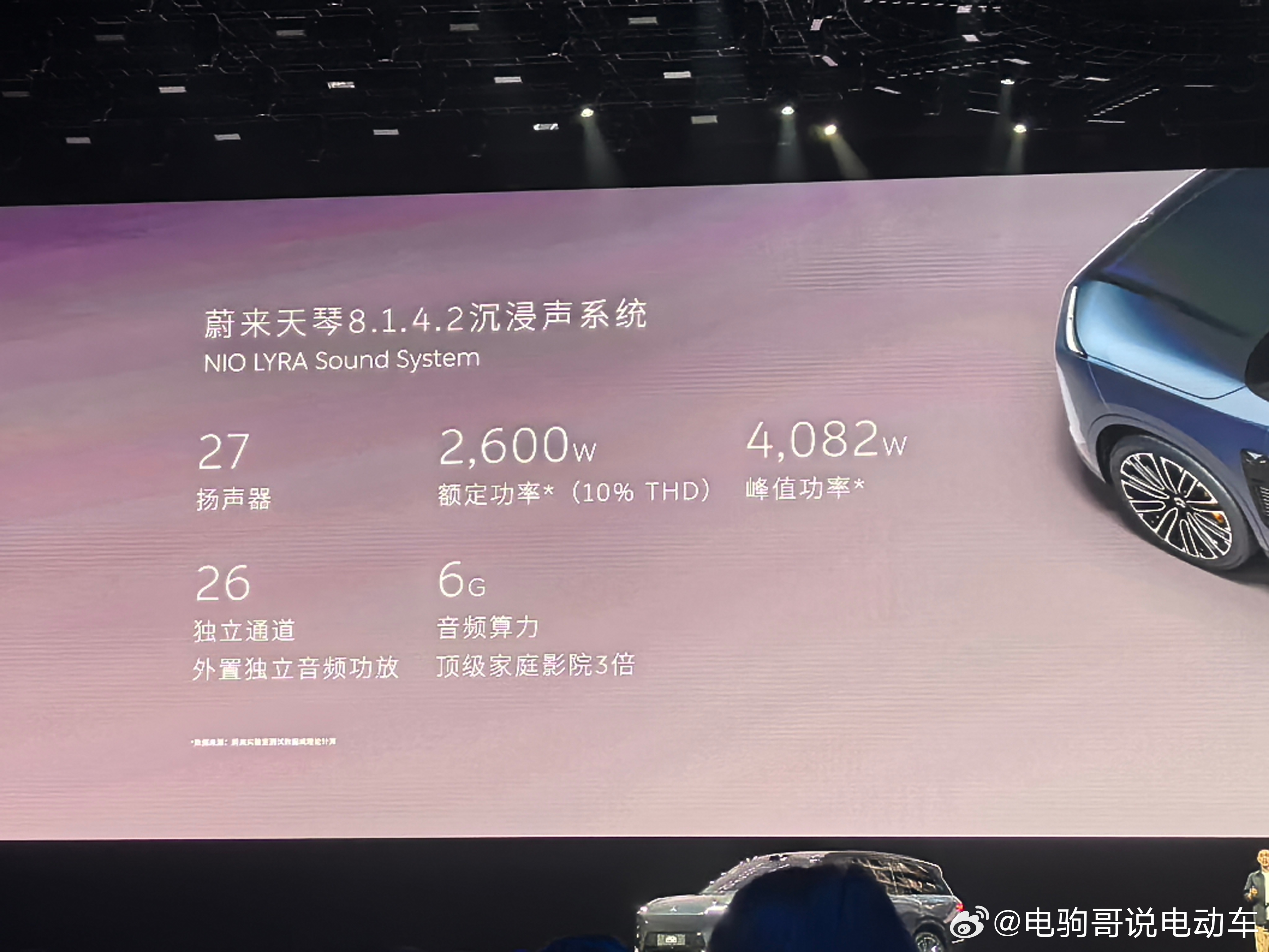 新蔚来ES8的音响功率2600瓦-4082瓦，27扬声器。车载音响也够卷的。记得