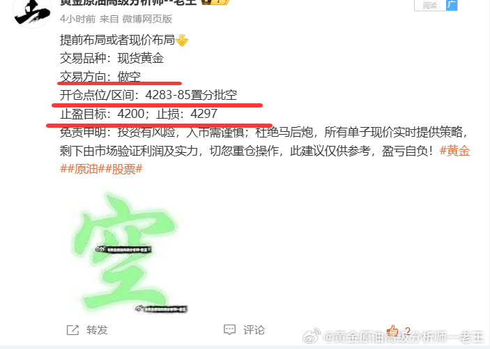 提前布局黄金4284位置空，现报4253位置已有310个点，提前止盈！时间点位自
