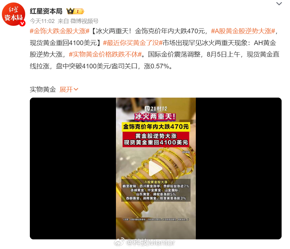 金饰大跌金股大涨一般黄金股跟金饰都会跟着国际黄金的价格走，国际黄金涨了，黄金股跟