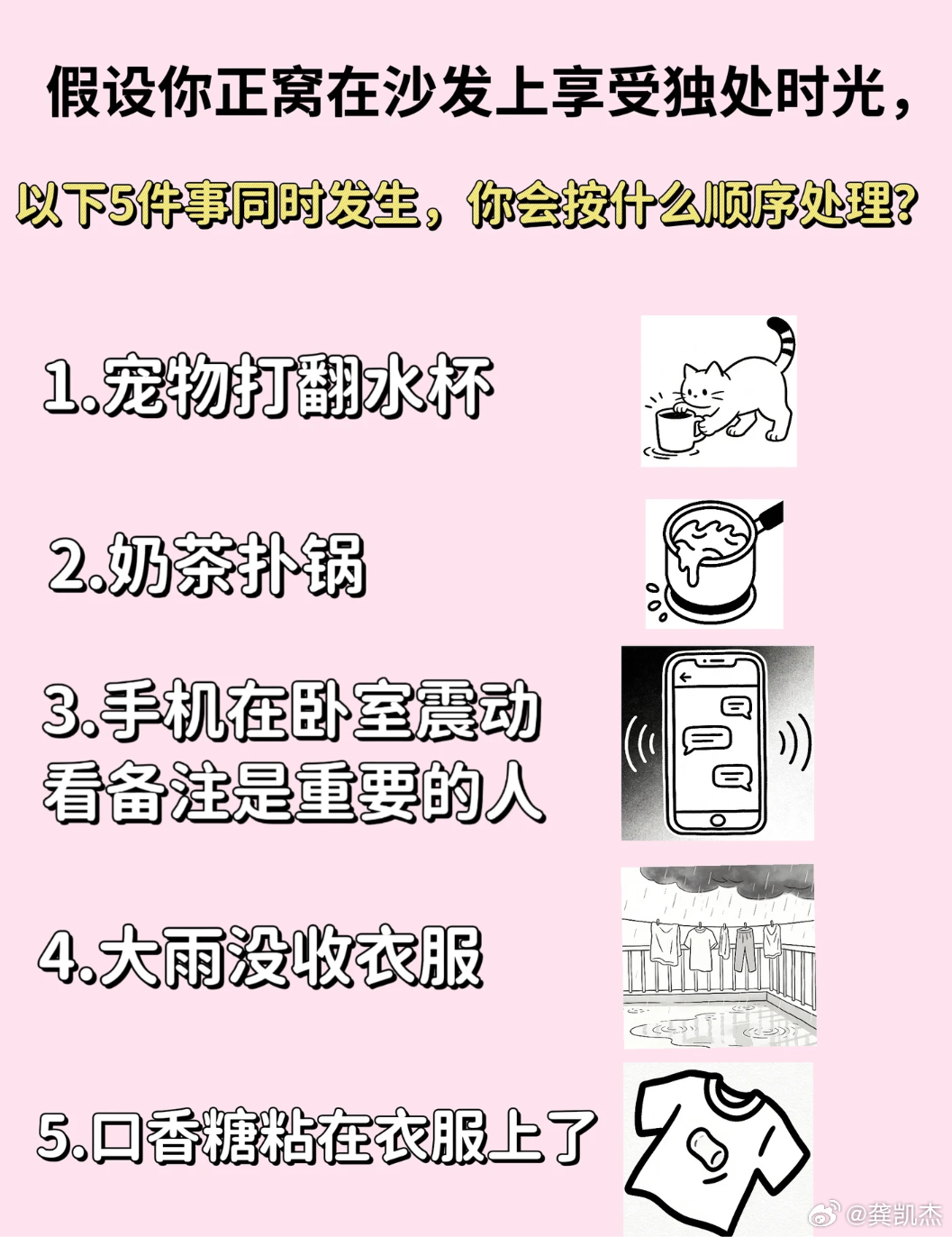 假设你正在享受人生时，以下5件事同时发生了，你会按什么顺序处理？1．宠物打翻水杯