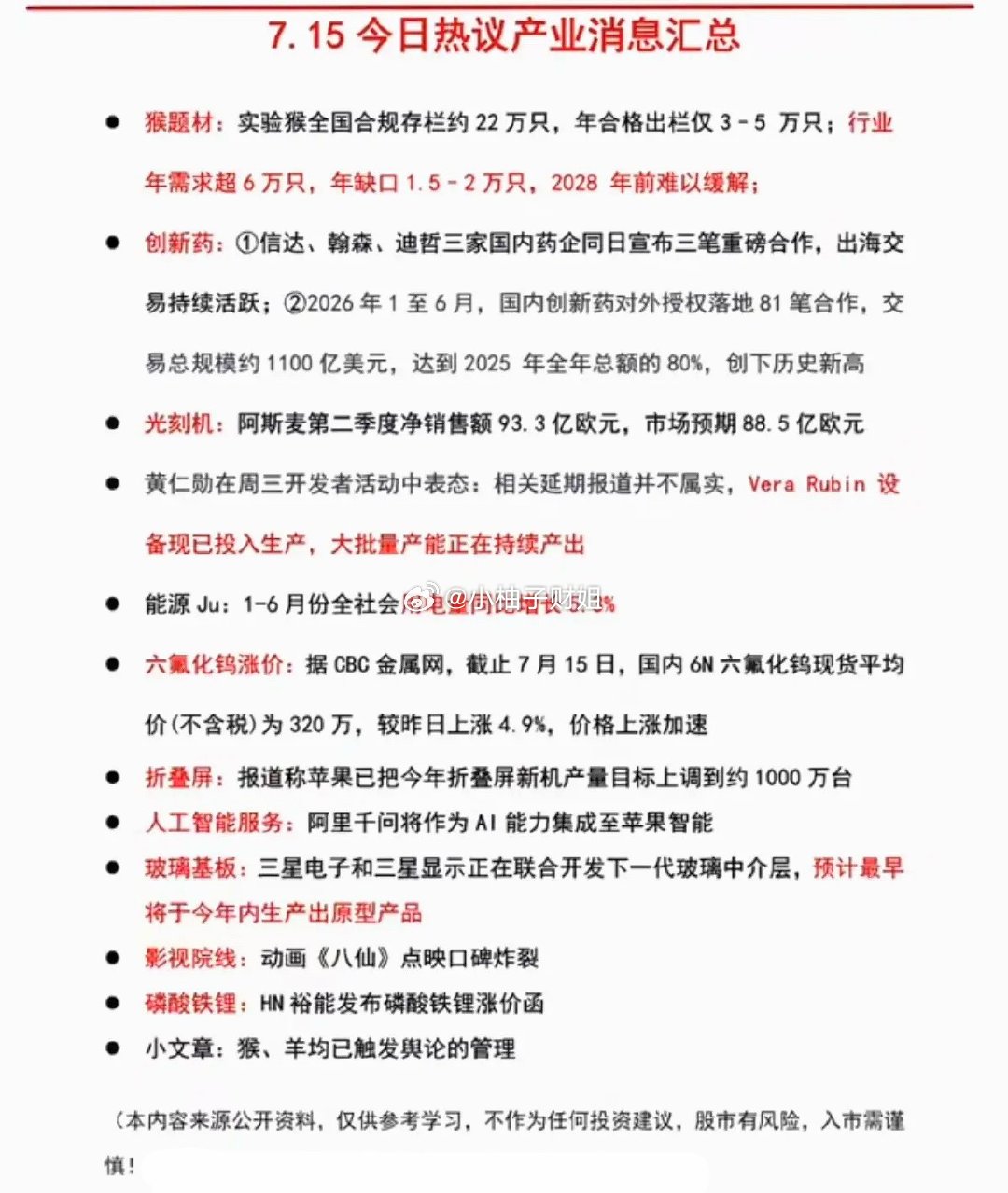 7.15周三  晚间：财经热点信息参考！1.大模型2.算力硬件3.实验猴4.医药