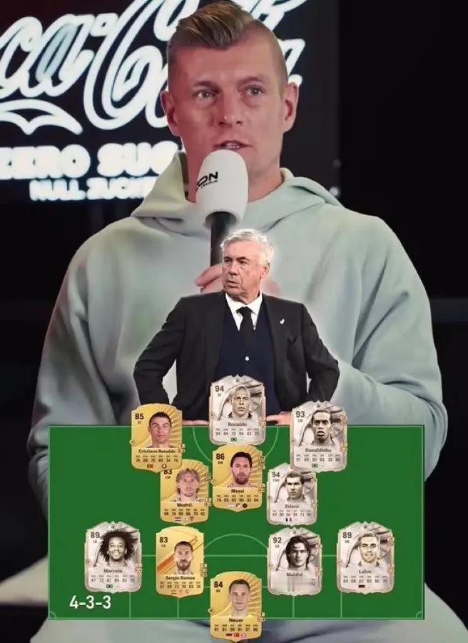 托尼·克罗斯说出了他心中的最佳十一人阵容，由安切洛蒂担任教练。门将：诺伊尔后卫：