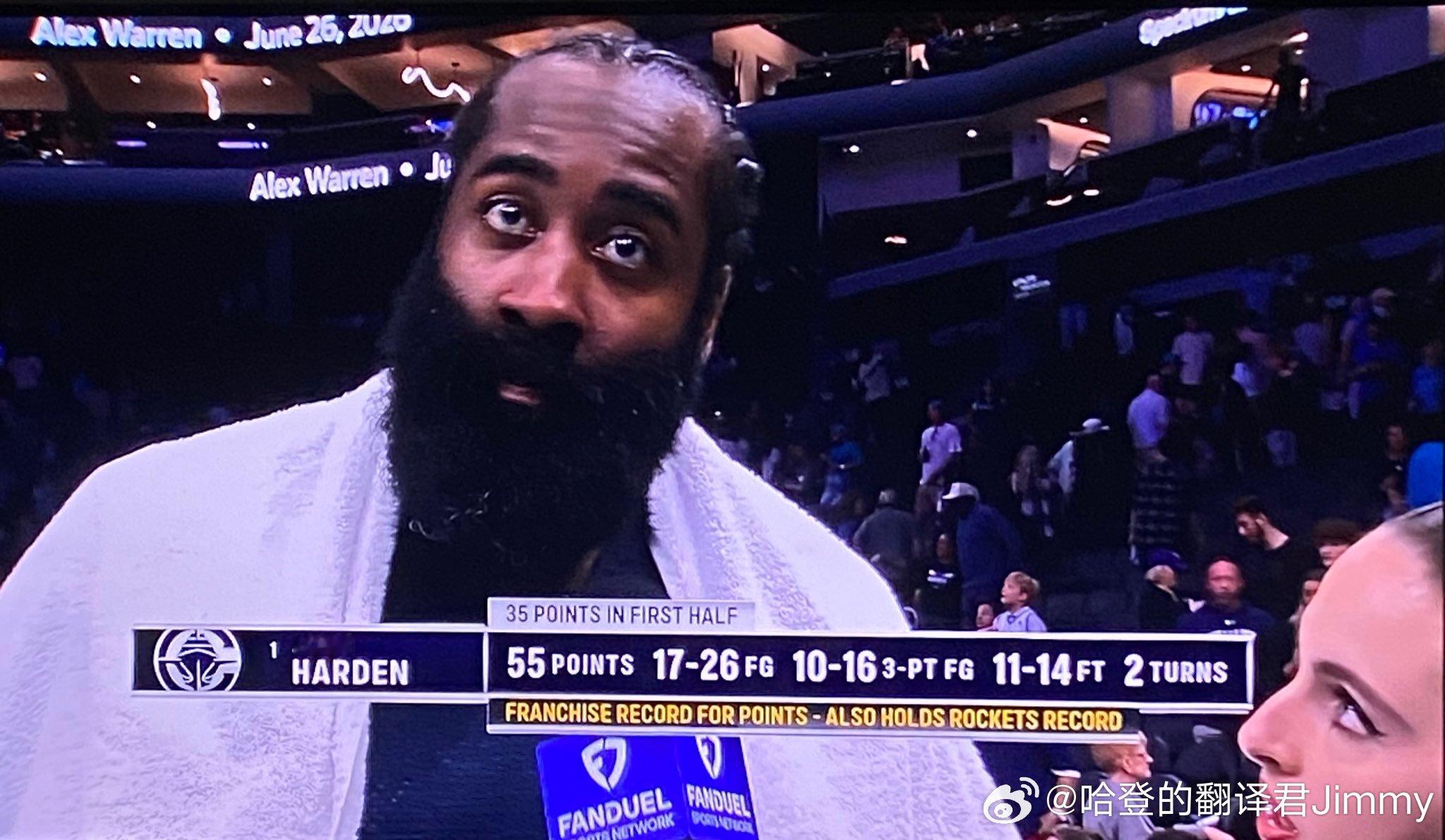 如果谁把球队扛在肩上，那那个人一定是詹姆斯哈登！⭐ 55 分⭐ 7 助攻⭐ 10