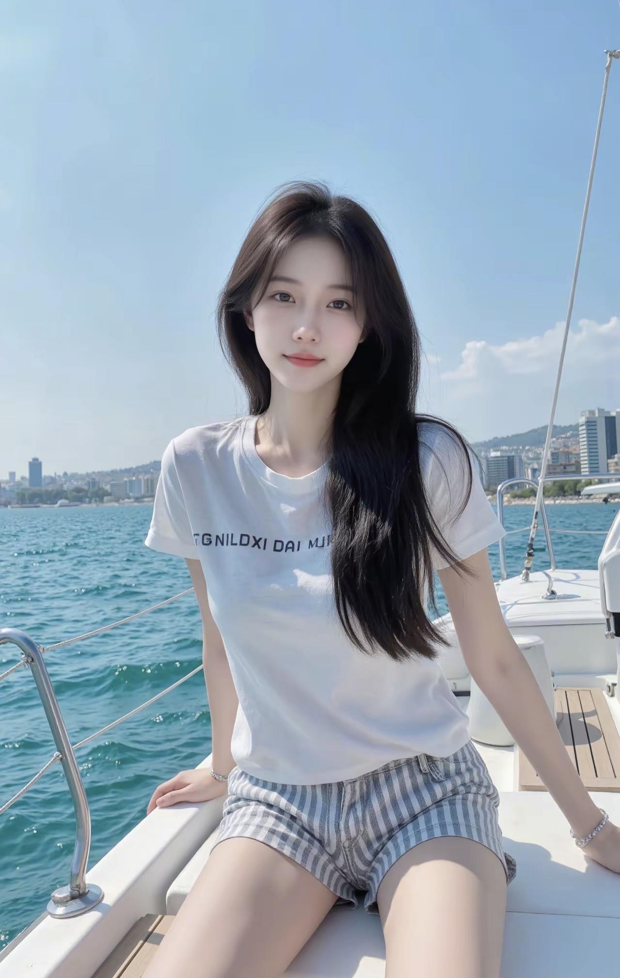 海风裹着蓝，把夏天揉进船舷的光影里。白T碰着浪声，发梢坠着整片海的晴。