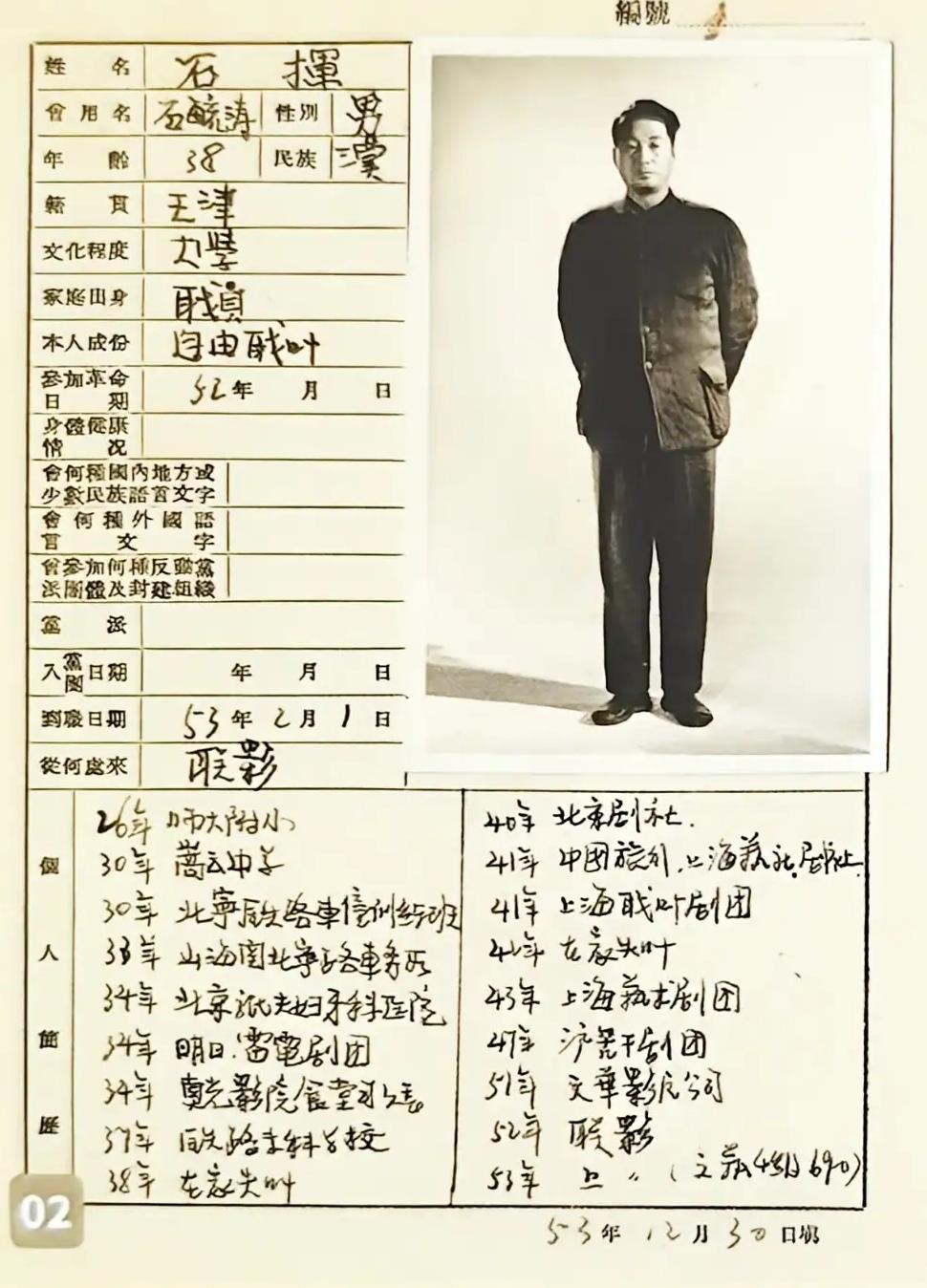 这是一张著名表演艺术家石挥先生的档案表，1953年12月30日填写的。这份表格完
