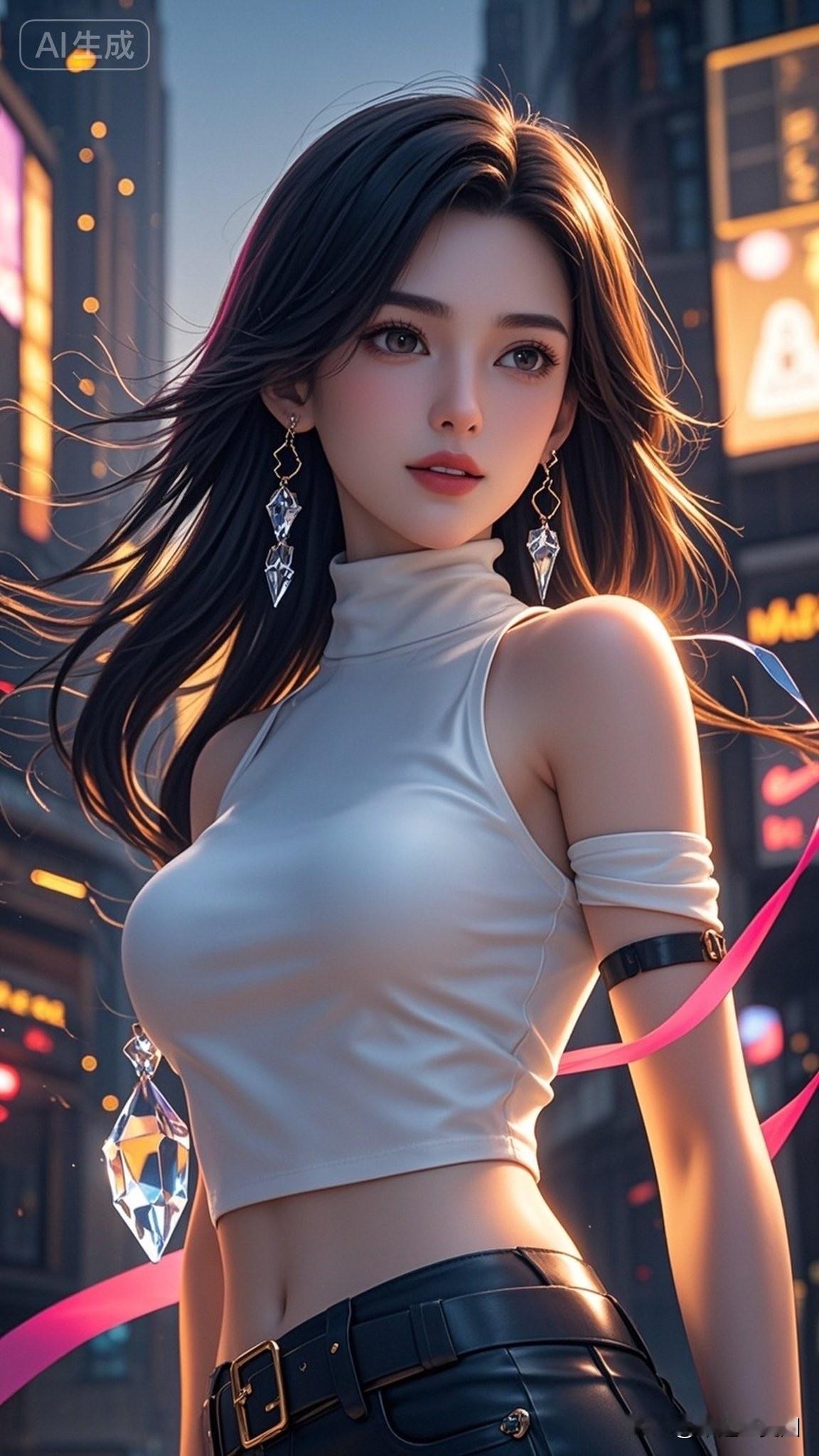 都市夜景下的时尚少女，闪耀的珠宝与霓虹灯交相辉映，尽显迷人魅力。