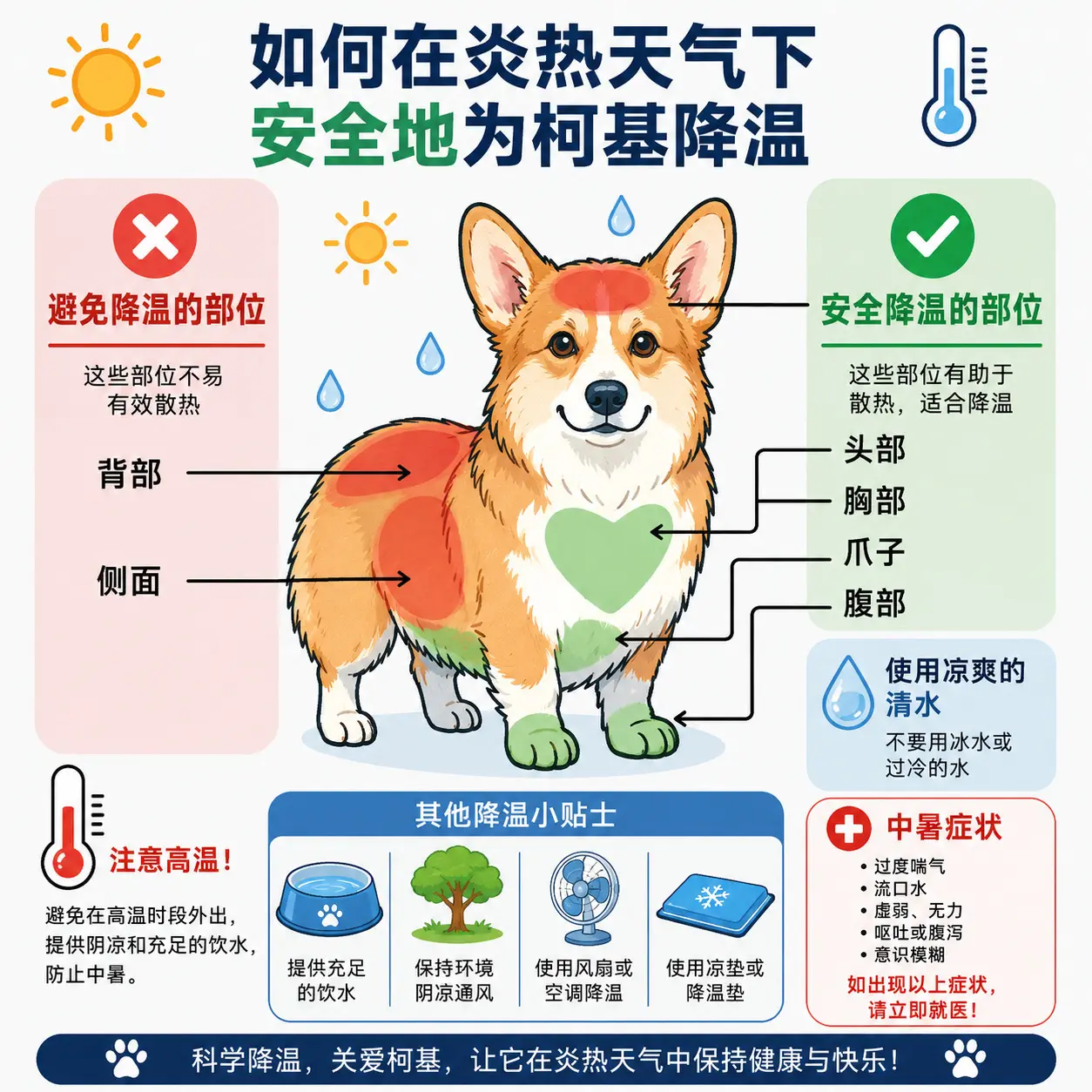 🌞柯基夏季安全降温指南。柯基的双层厚毛是天然的隔热层，但在极端高温下...