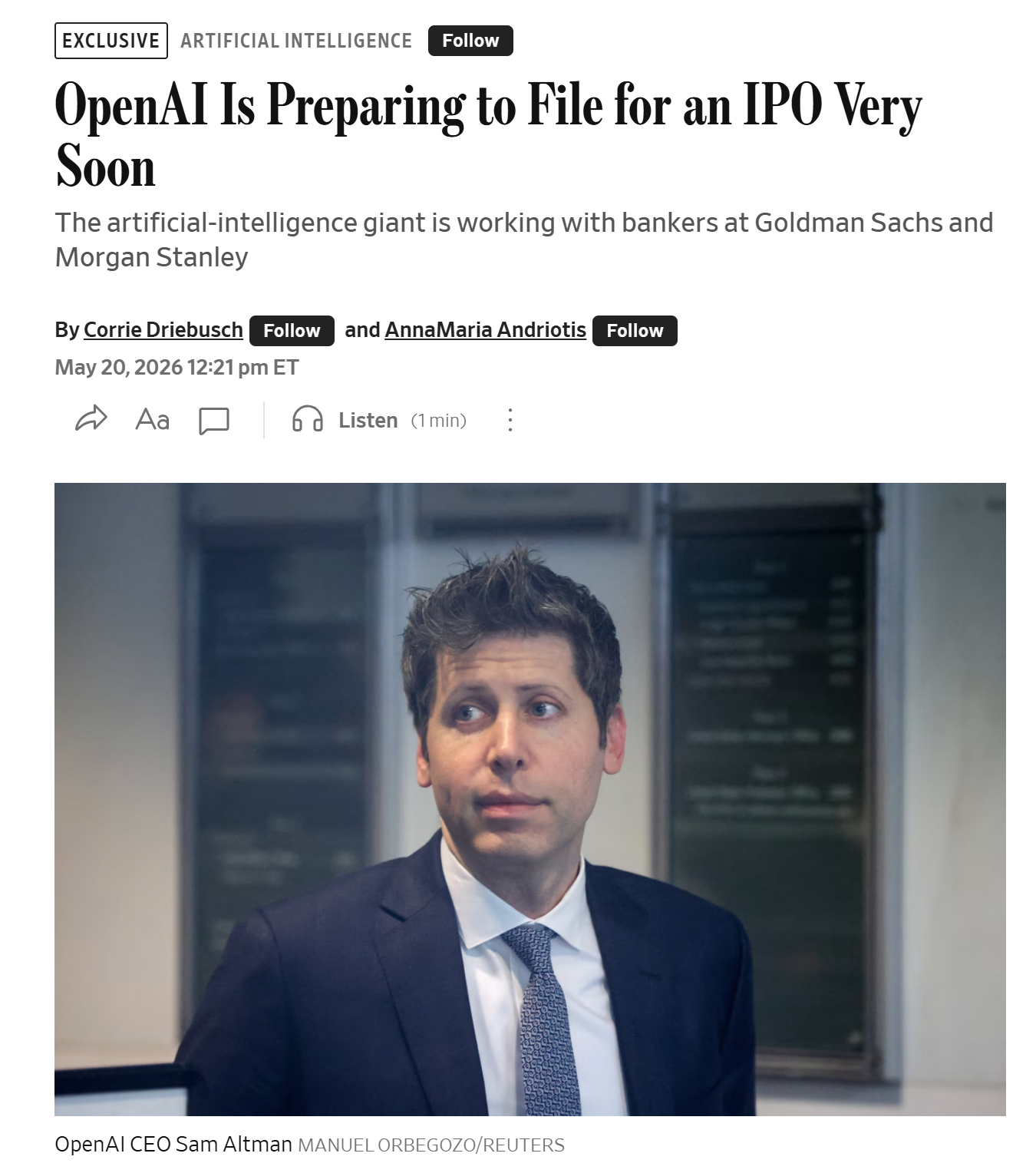 突发！『华尔街日报』独家报道：OpenAI 准备在未来几天或几周内提交 IPO 