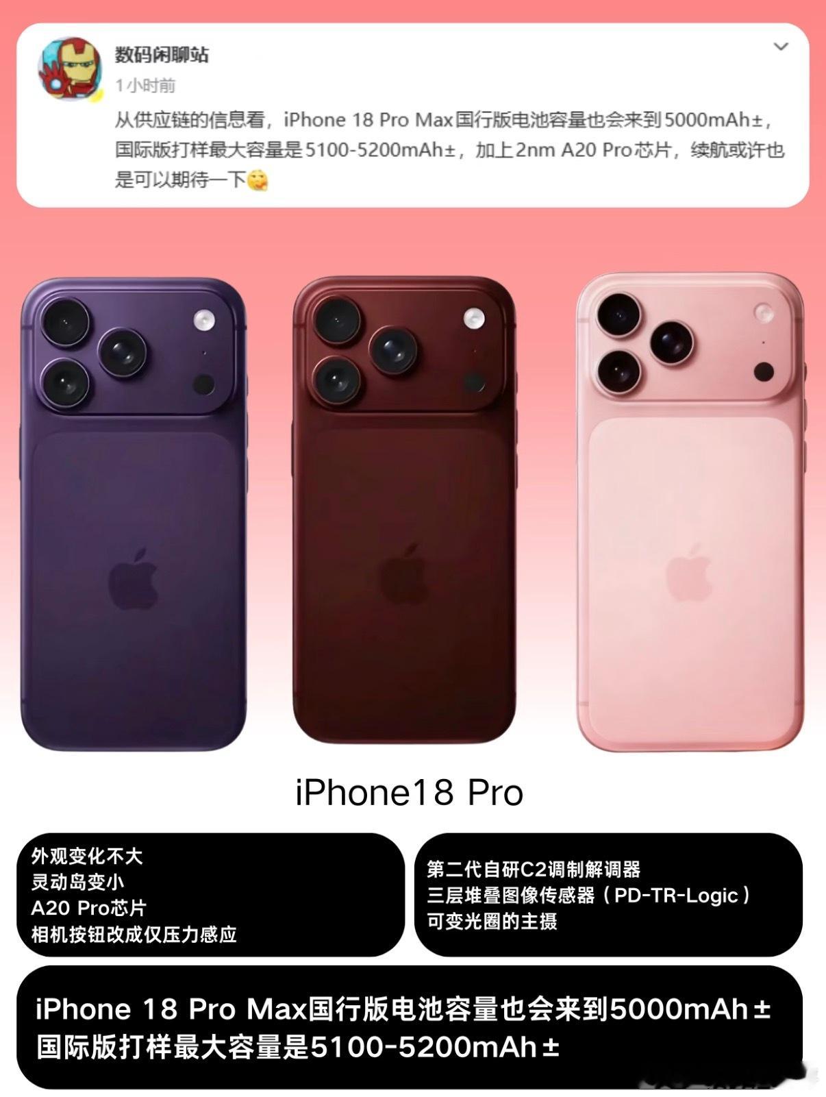 曝iPhone18ProMax电池达5000mAh太炸裂了！iPhone18 P