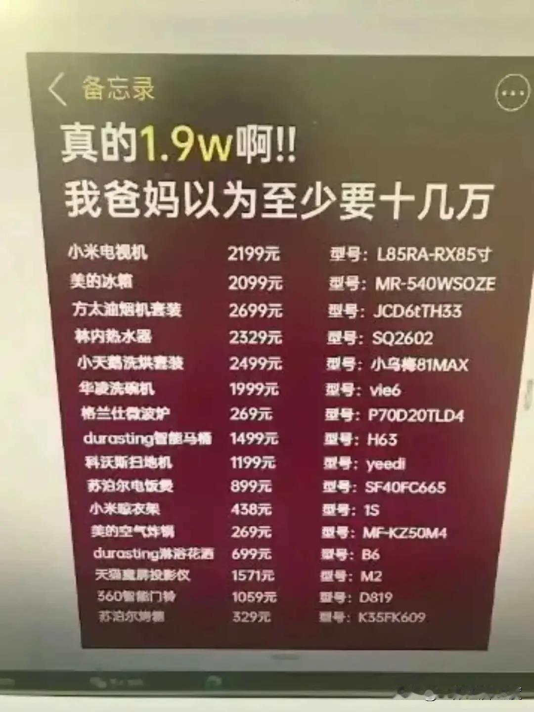 不可能吧，20000块钱真的就可以买下这些家用电器，不只是你爸妈以为，很多人都是