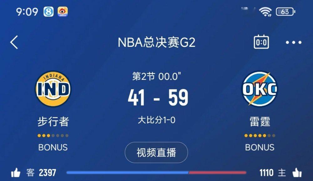 上半场结束，步行者41-59雷霆！步行者vs雷霆 ​​​