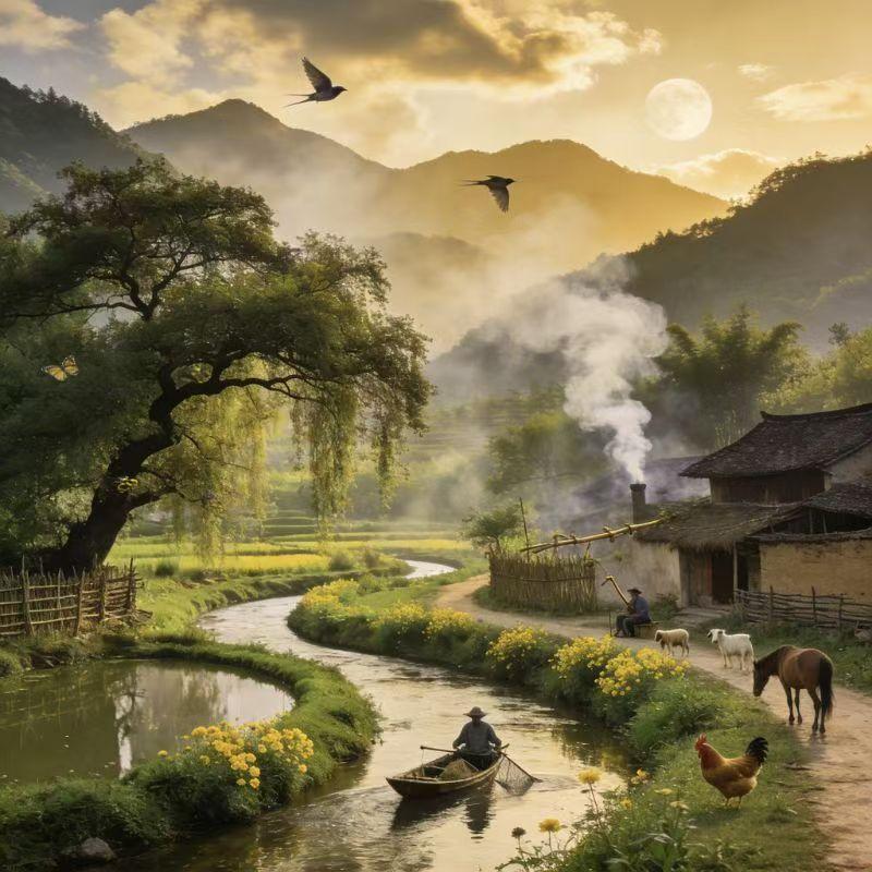 清江引·小村回荡
炊烟绕山青嶂秀，
溪水环田走。
篱边菊静开，
阶上燕声逗。
老