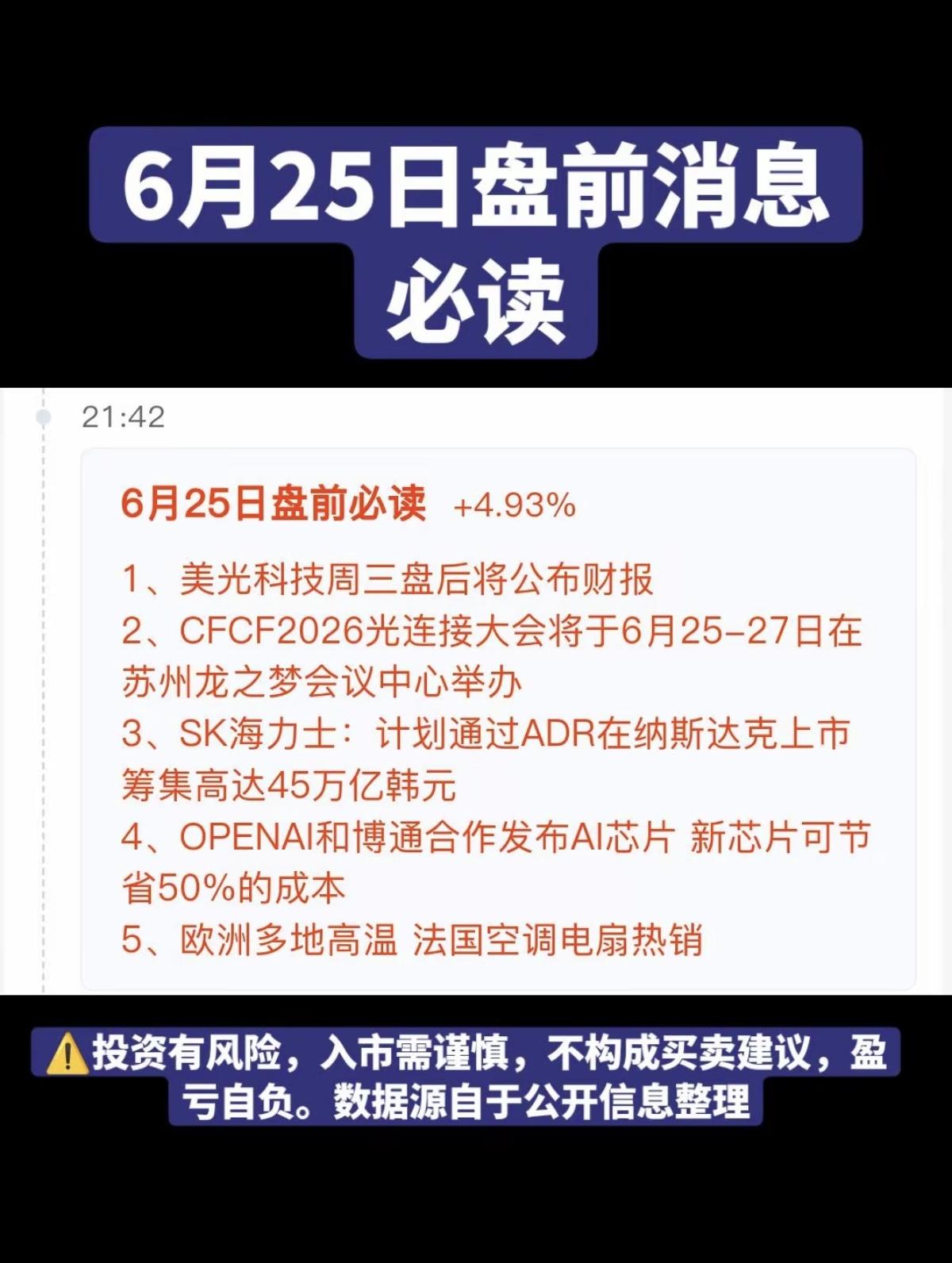6.25周四  盘前：财经热点必读！

1.存储芯片，美光业绩披露
2.共封装光