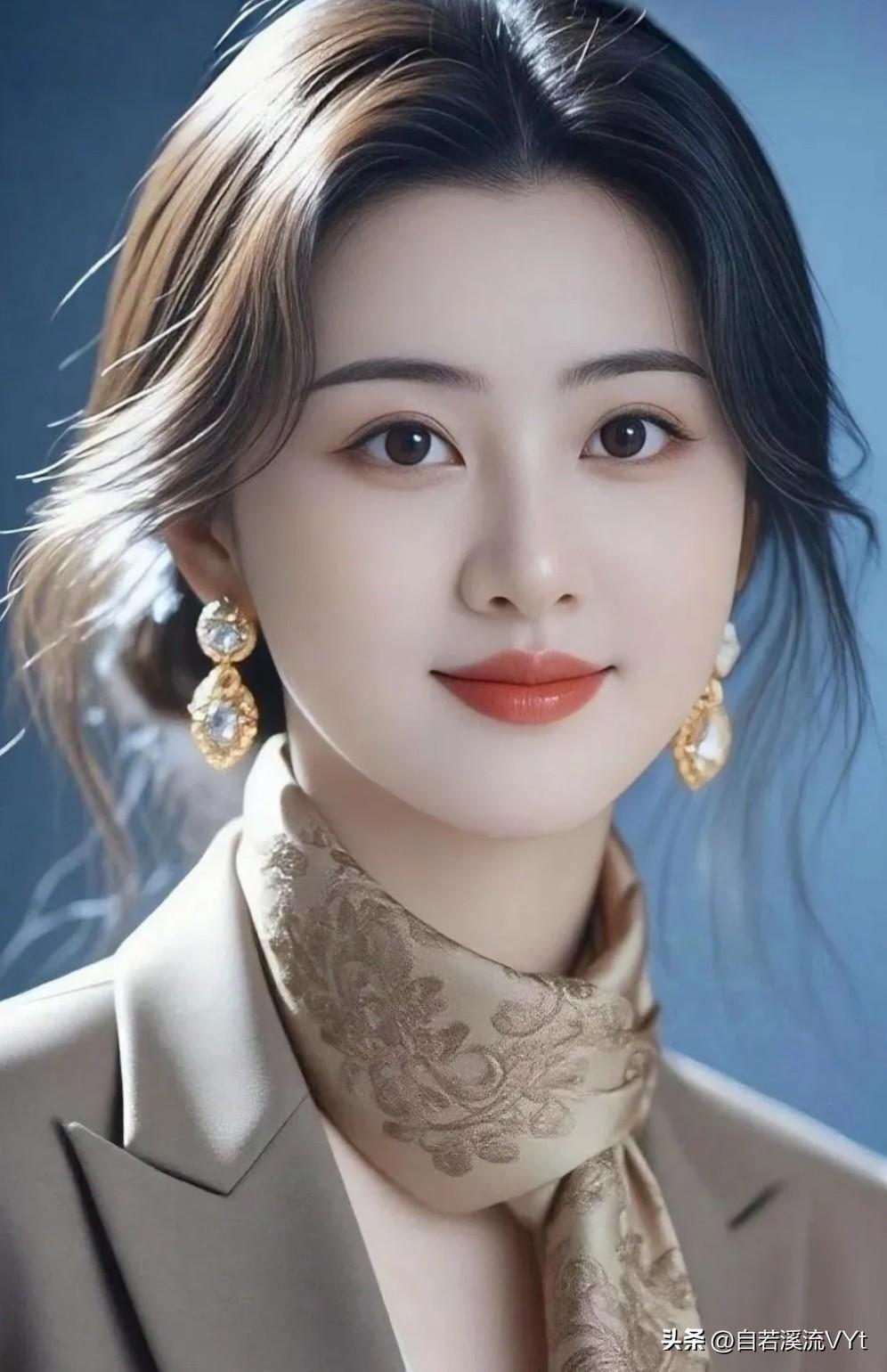 水仙子·雅姿
 
柔丝轻拂衬清眸，金饰垂环韵自悠，丝巾温婉衬衫柔。
眉目藏静柔，