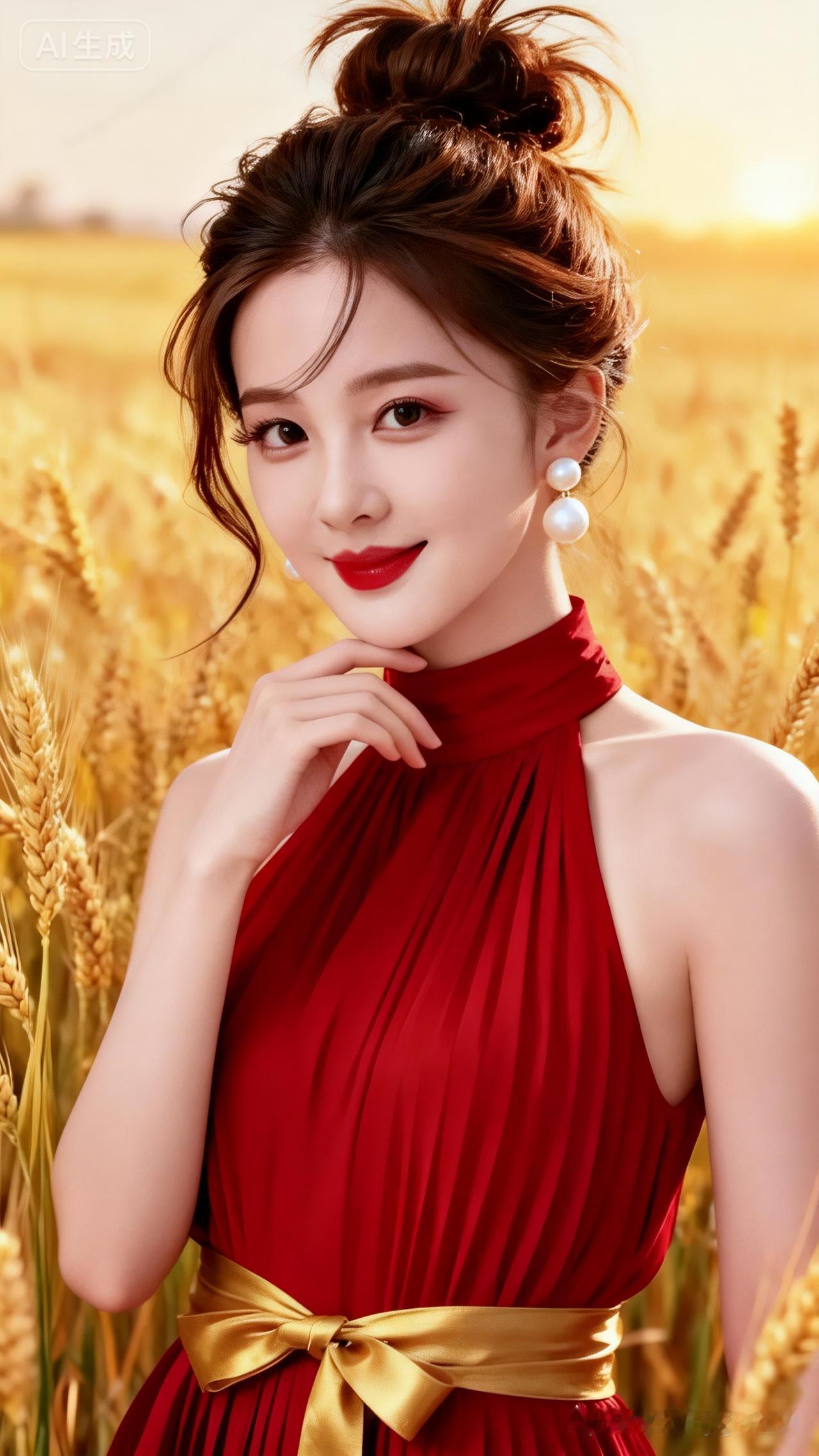 夏日田野中的红衣少女，金发随风飘扬，宛如一幅美丽的画卷。