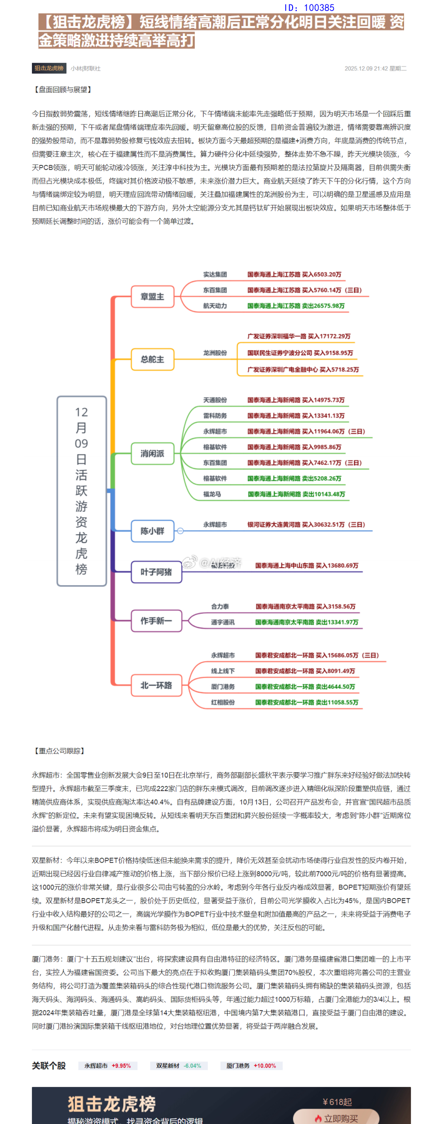【狙击龙虎榜】短线情绪高潮后正常分化明日关注口暖资金策略激进持续高举高打 