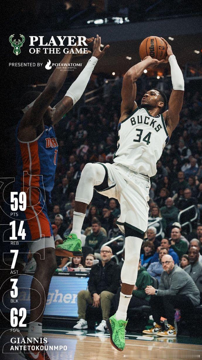 字母哥59分 首节22分全场59分！暴走字母哥面对活塞砍下59分14篮板7助攻3