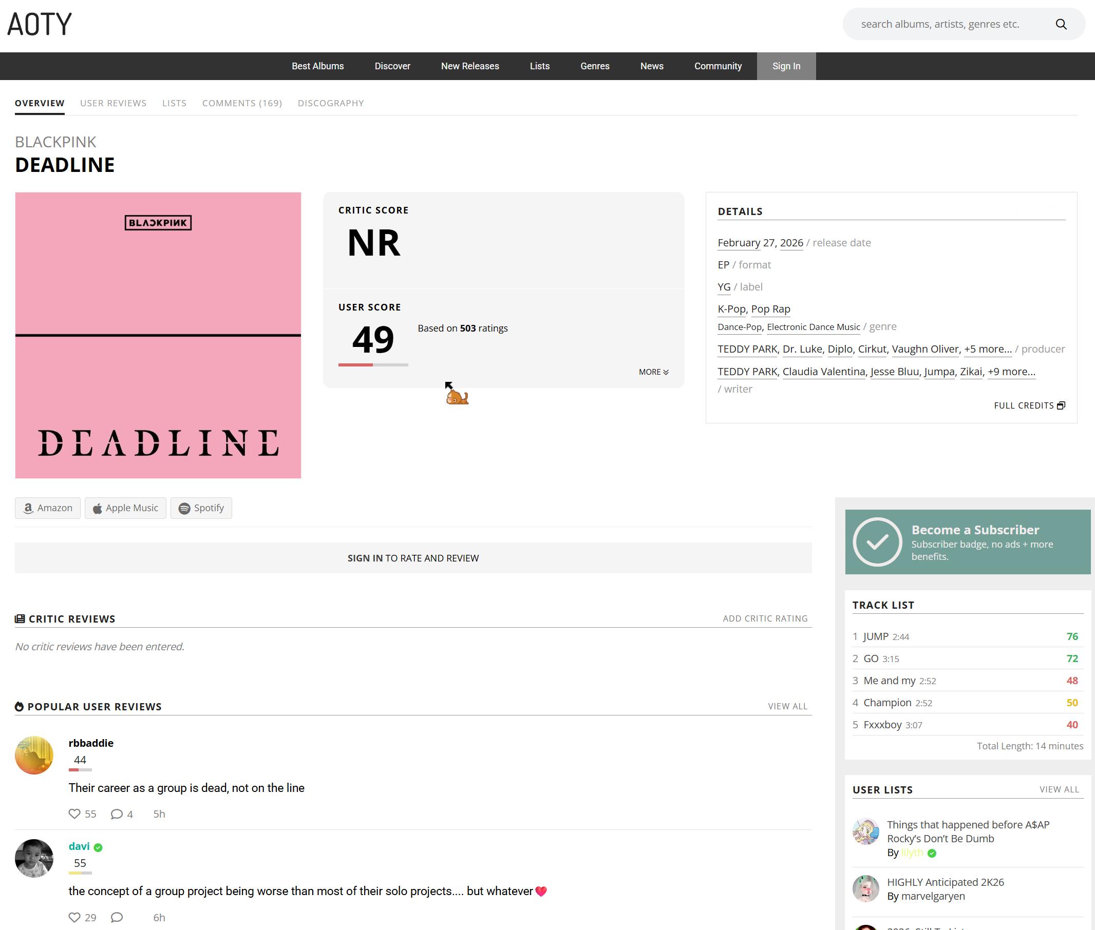 BLACKPINK最新迷你新专辑EP《DEADLINE》AOTY用户开分仅49分